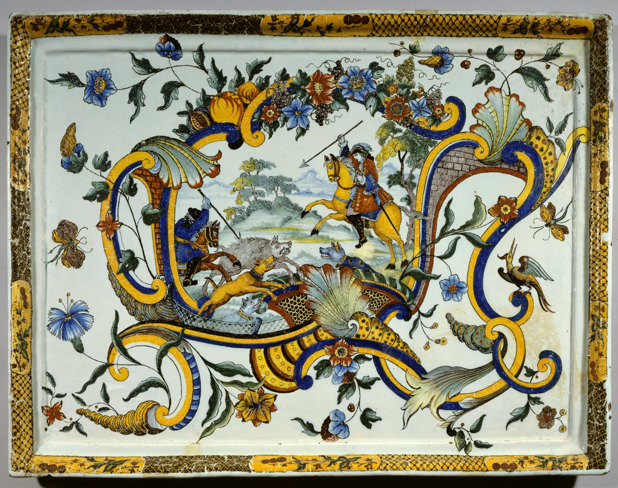 Plat en faïence représentant une scène de chasse au sanglier - Unknown artist