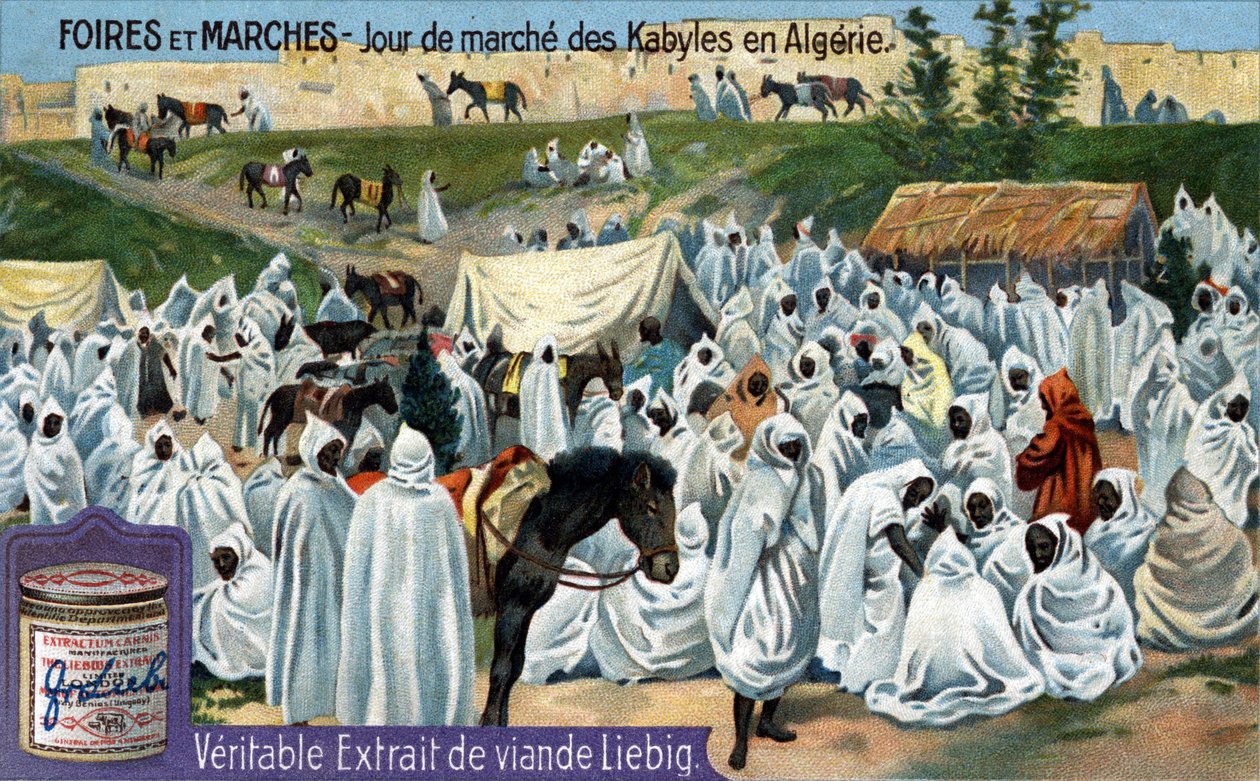 Foires et marchés : jour de marché kabyle en Algérie. Chromolithographie, image Liebig - Unknown artist