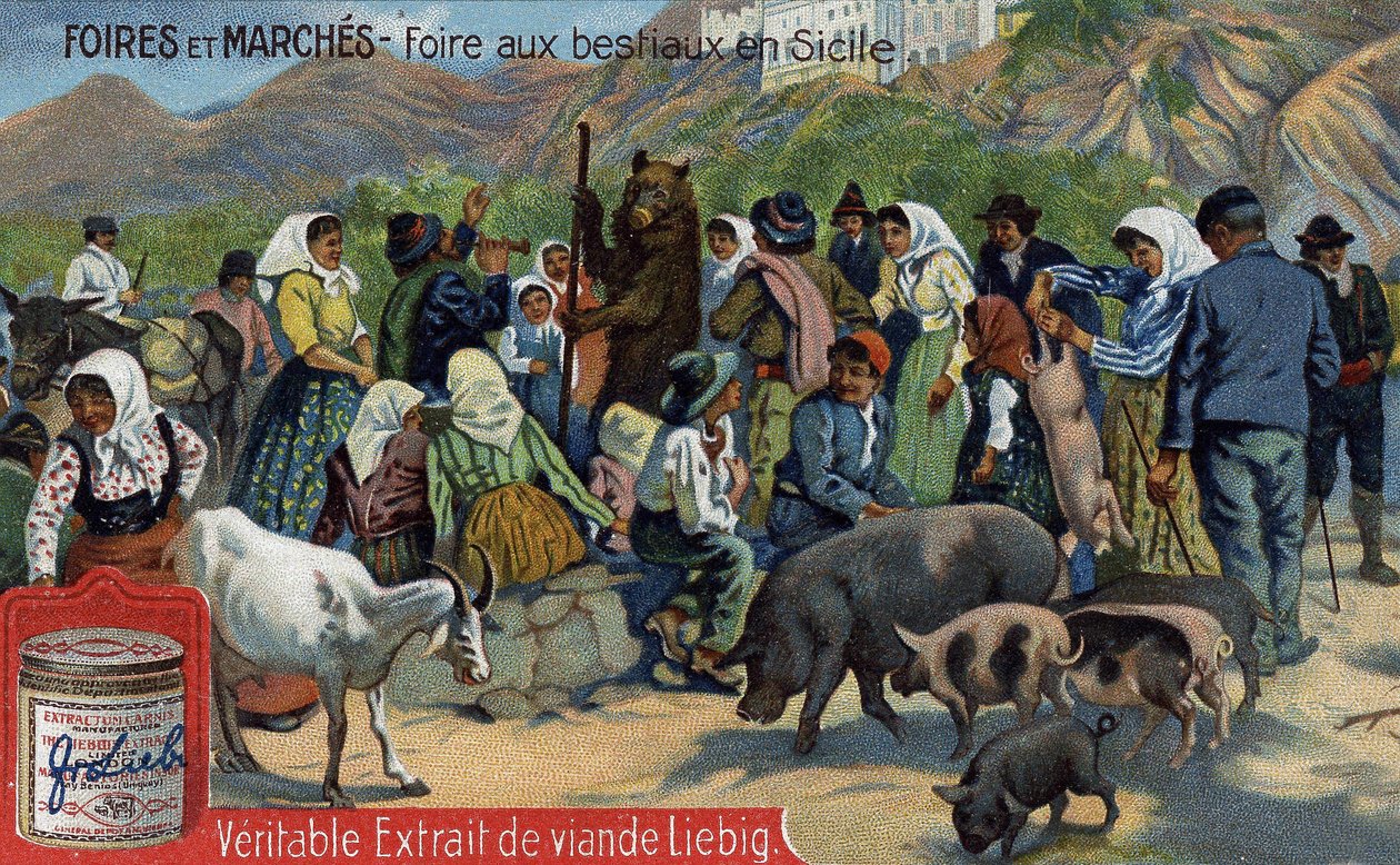 Foires et marchés : foire aux bestiaux en Sicile. Chromolithographie, image Liebig - Unknown artist