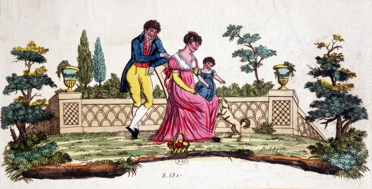 Famille dans un parc. Gravure du début du XIXe siècle. - Unknown artist