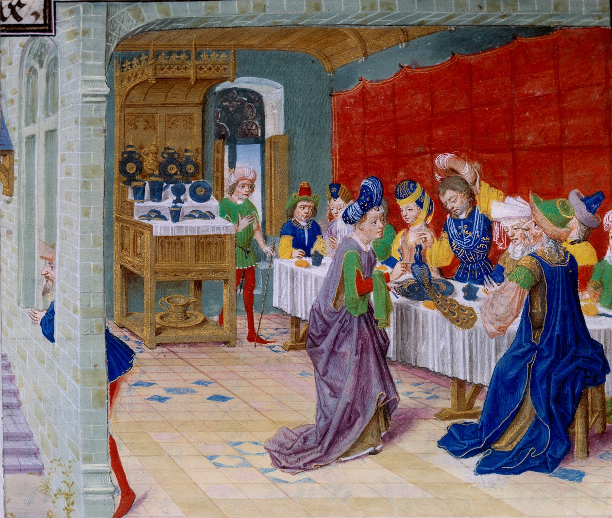 Scène de festin, un paon est servi sur la table. Miniature tirée de « La Vraye Histoire du Bon Roy Alixandre » par Callisthène, ou Kallisthène (c. 360-328 av. J.-C.) - Unknown artist