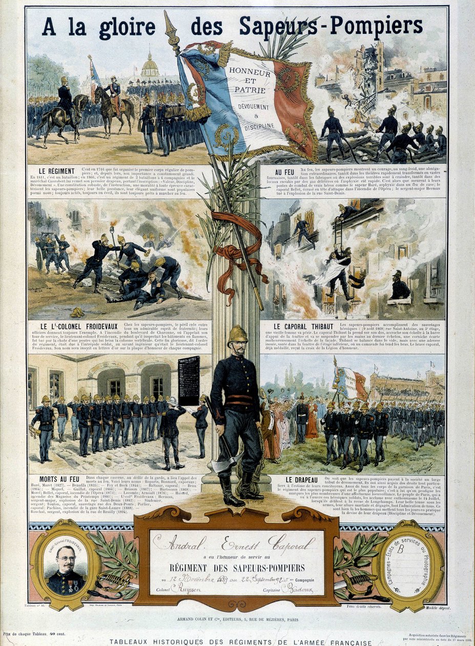 Pompiers : À la gloire des Sapeurs - dans "Historical paintings of the regiments of the French army" vers 1890 - Unknown artist