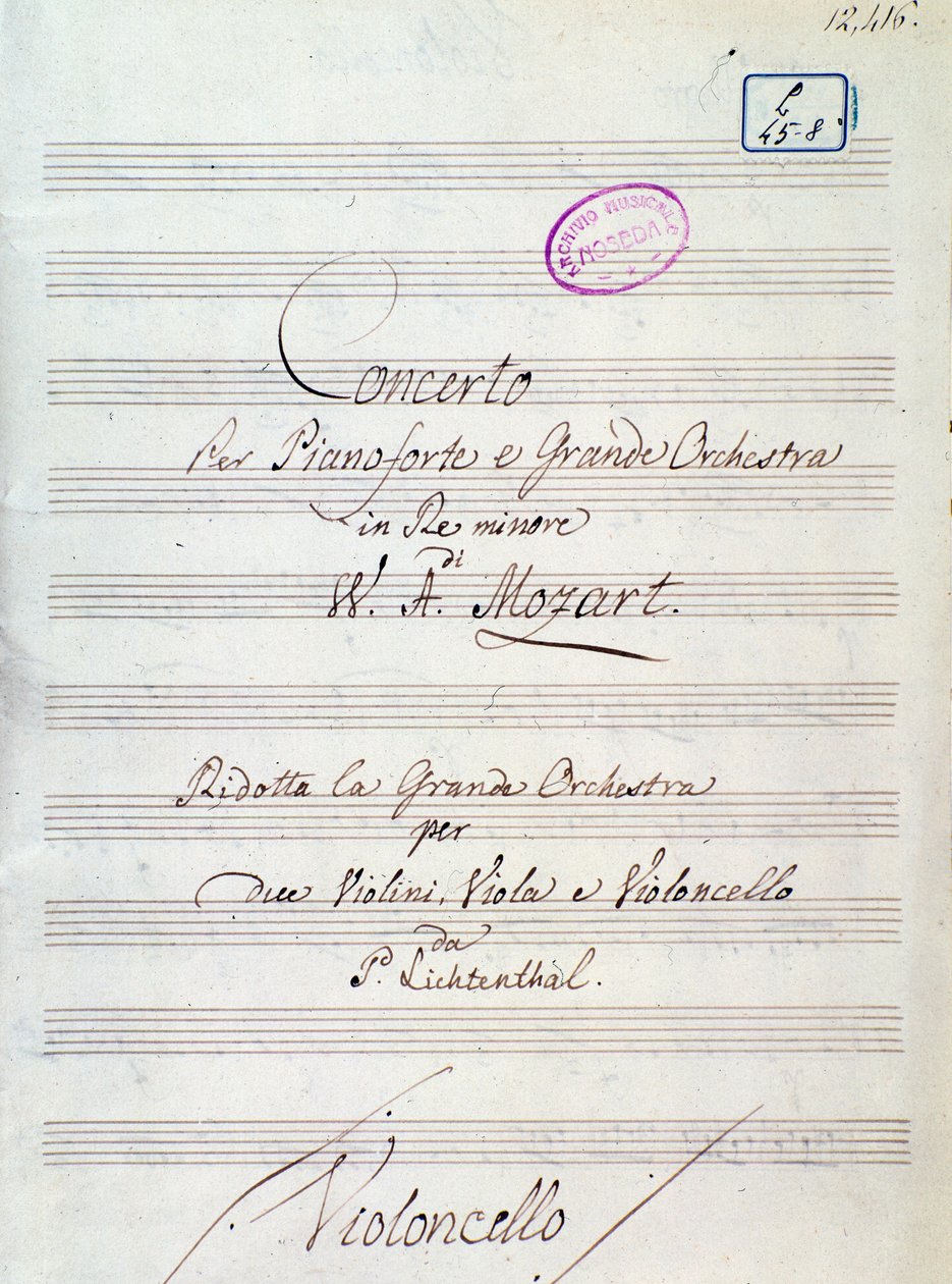Première page de la partition pour Concerto pour piano et grand orchestre en ré mineur par Mozart, version Lichtenthal (19ème siècle) - Unknown artist