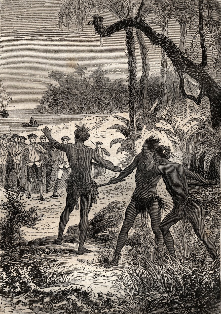 Premier voyage (1768-1771) du capitaine James Cook (1728-1779) : tandis que Cook et dix marins naviguent sur la côte méridionale de la Nouvelle-Guinée, trois Indiens surgissent des bois en criant - illustration tirée de « Les grands marins du XVIIIe siècle - Unknown artist