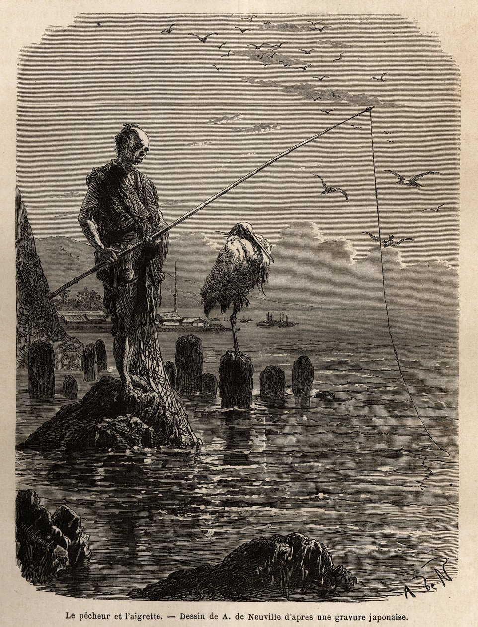 Pêcheur de la baie de Yedo (ou Edo, Tokyo actuel), attrapé par un aigle, à marée basse, les bateaux déposent les pêcheurs sur des blocs de pierre posés à sec dans la baie, ces derniers restent droits, immobiles et pêchent avec l