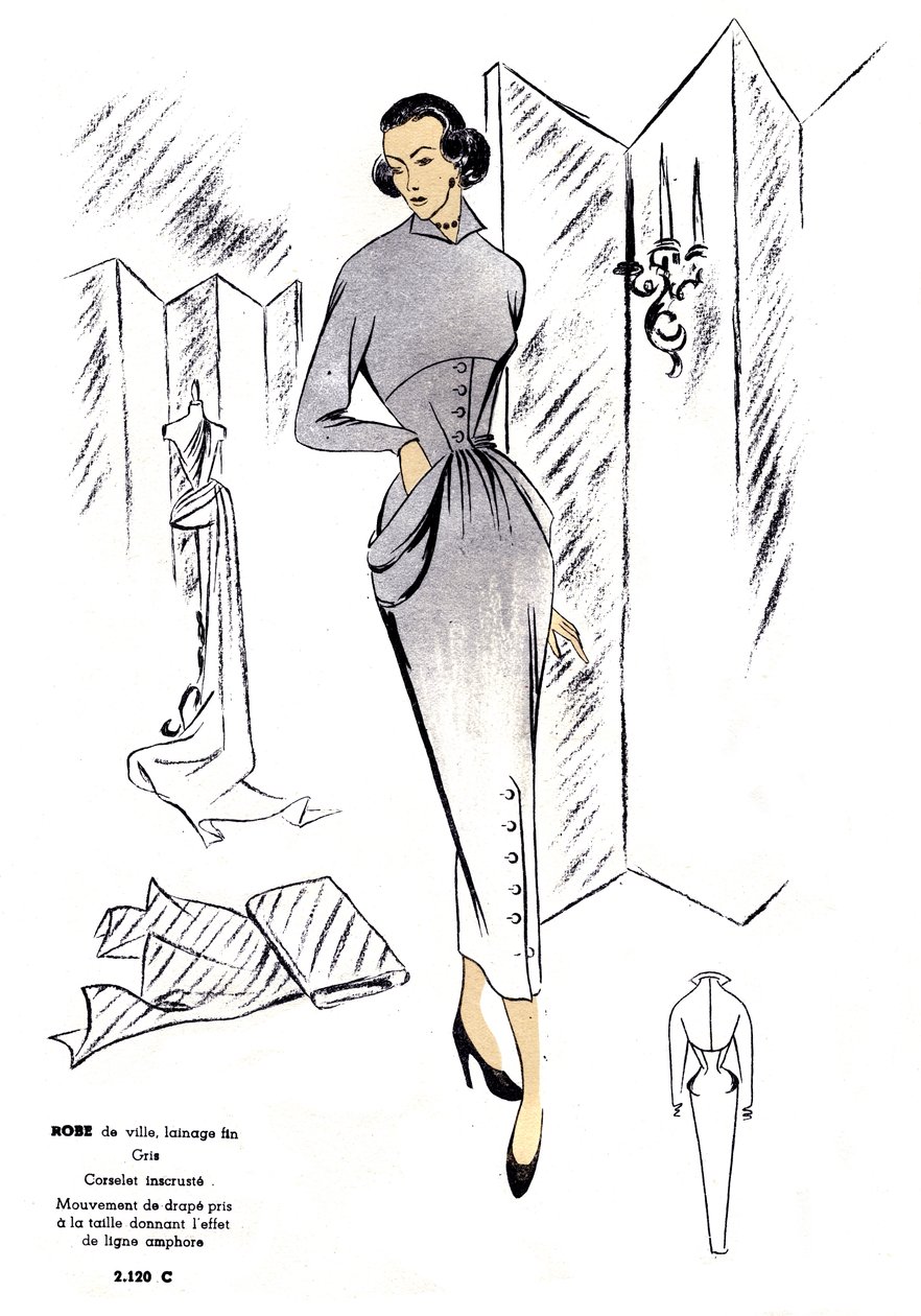 Mode française, conception de robes de ville en laine. - Unknown artist