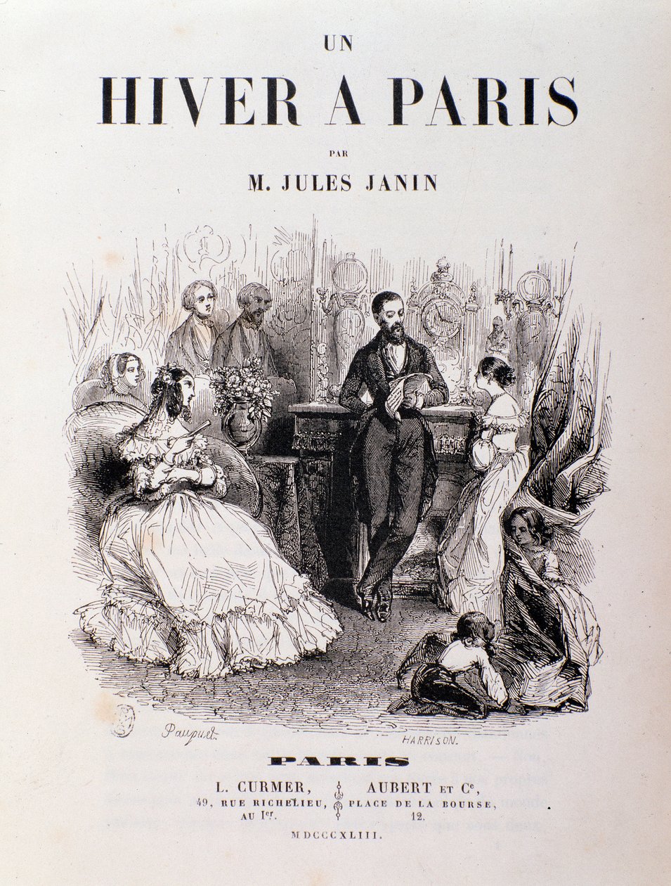 Frontispice de "Un hiver à Paris" de Jules Janin, Parisiens réunis dans un salon lors d