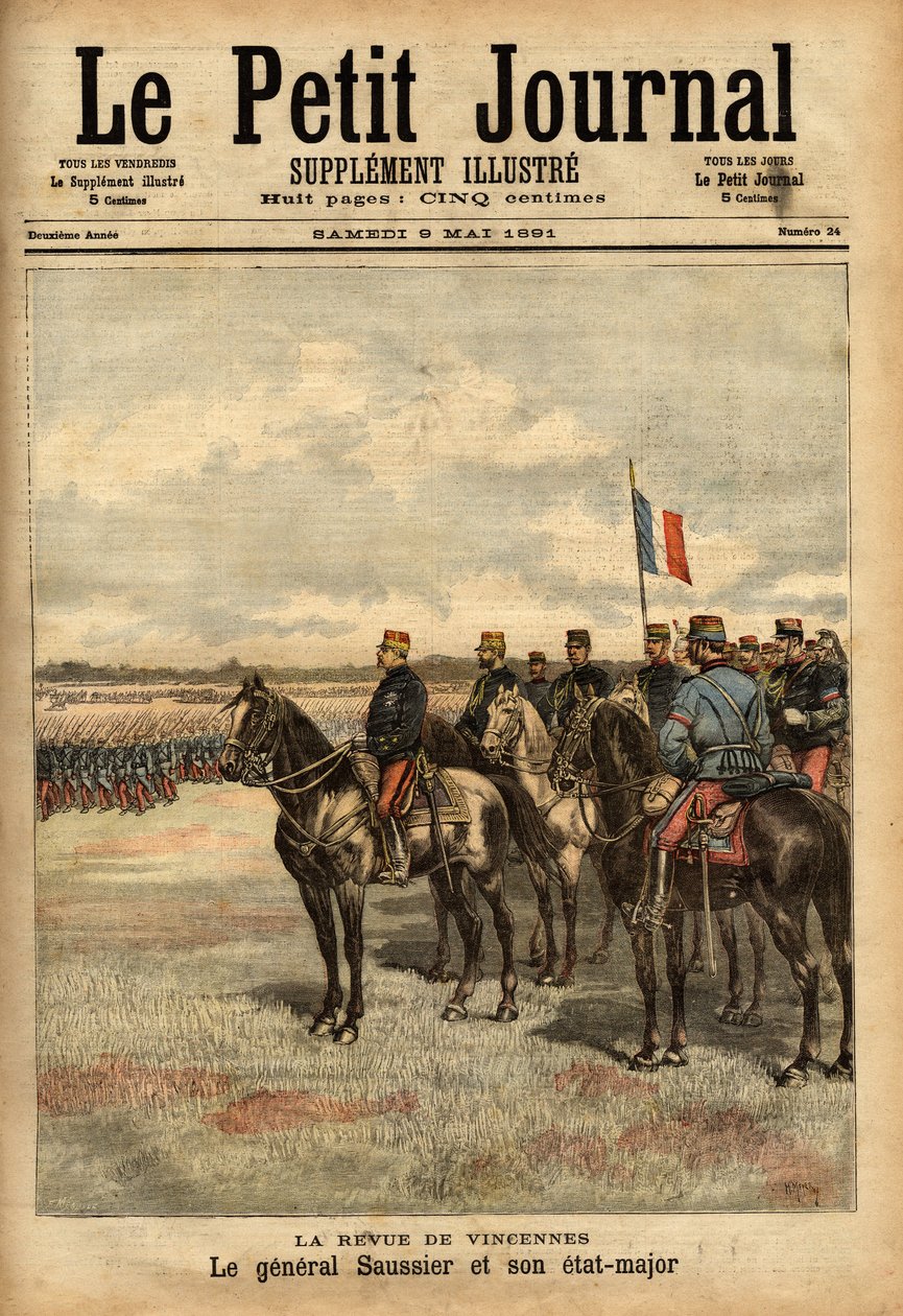 Le général Félix Gustave Saussier et son état-major passent en revue les troupes à Vincennes. Gravure dans Le petit journal illustré 09/05/1891. Collection Selva - Unknown artist