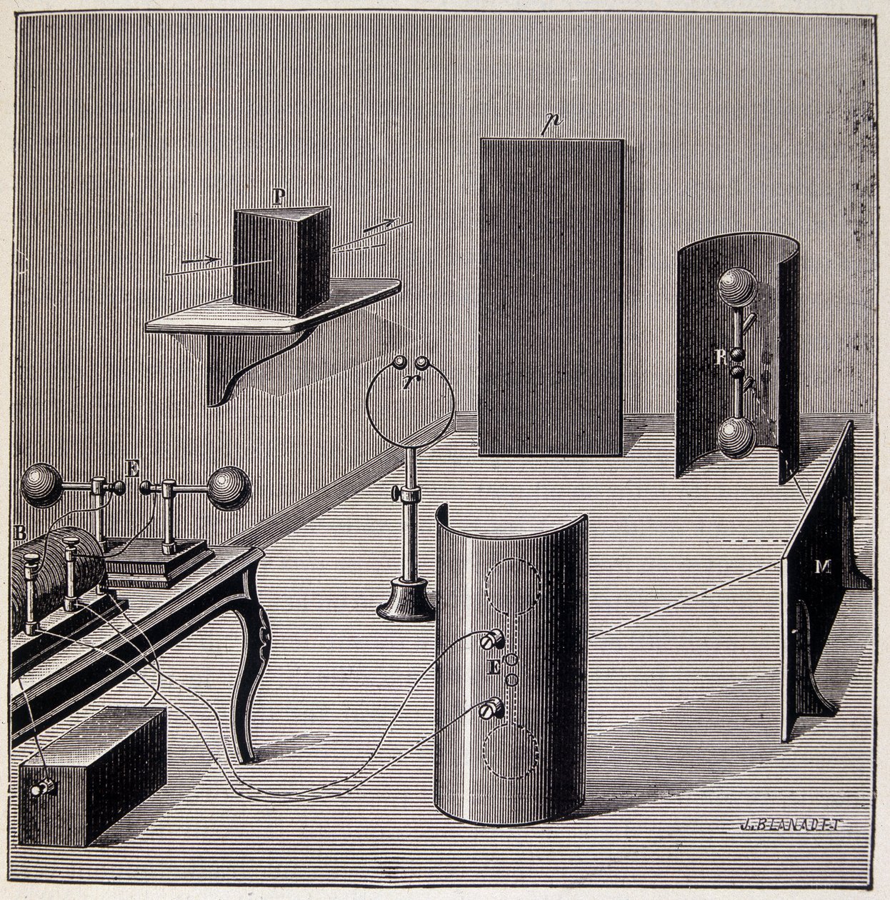 Disposition générale des expériences de Heinrich Hertz (1857-1894) sur les ondes électriques - dans « Physique populaire » par Emile Desbeaux, Flammarion - Unknown artist