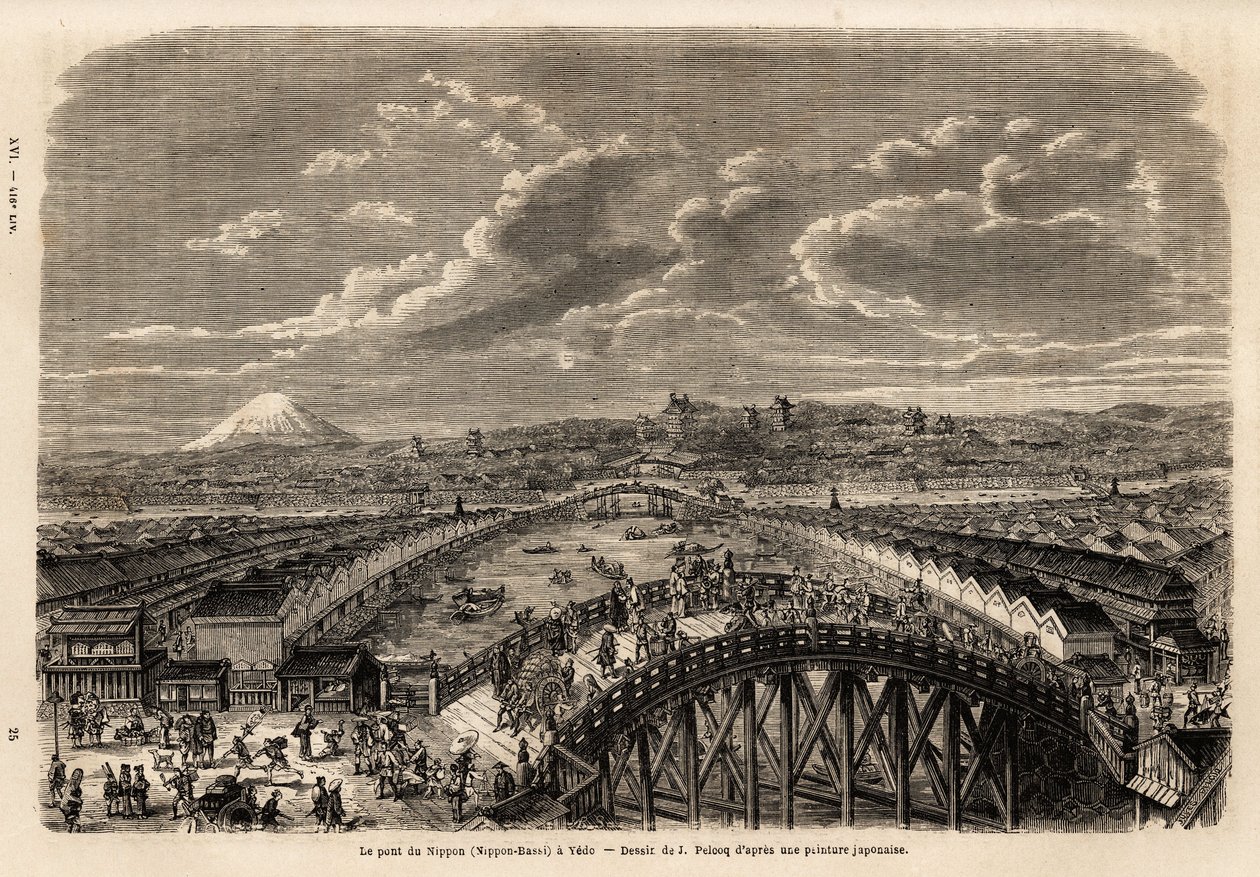 Vue générale de Yedo (ou Edo, Tokyo actuel) depuis le pont Nippon Bashi, animation des passants et porteurs sur le pont, entre les allées marchandes, vue des boutiques et en arrière-plan, vue du Mont Fuji. Gravure - Unknown artist