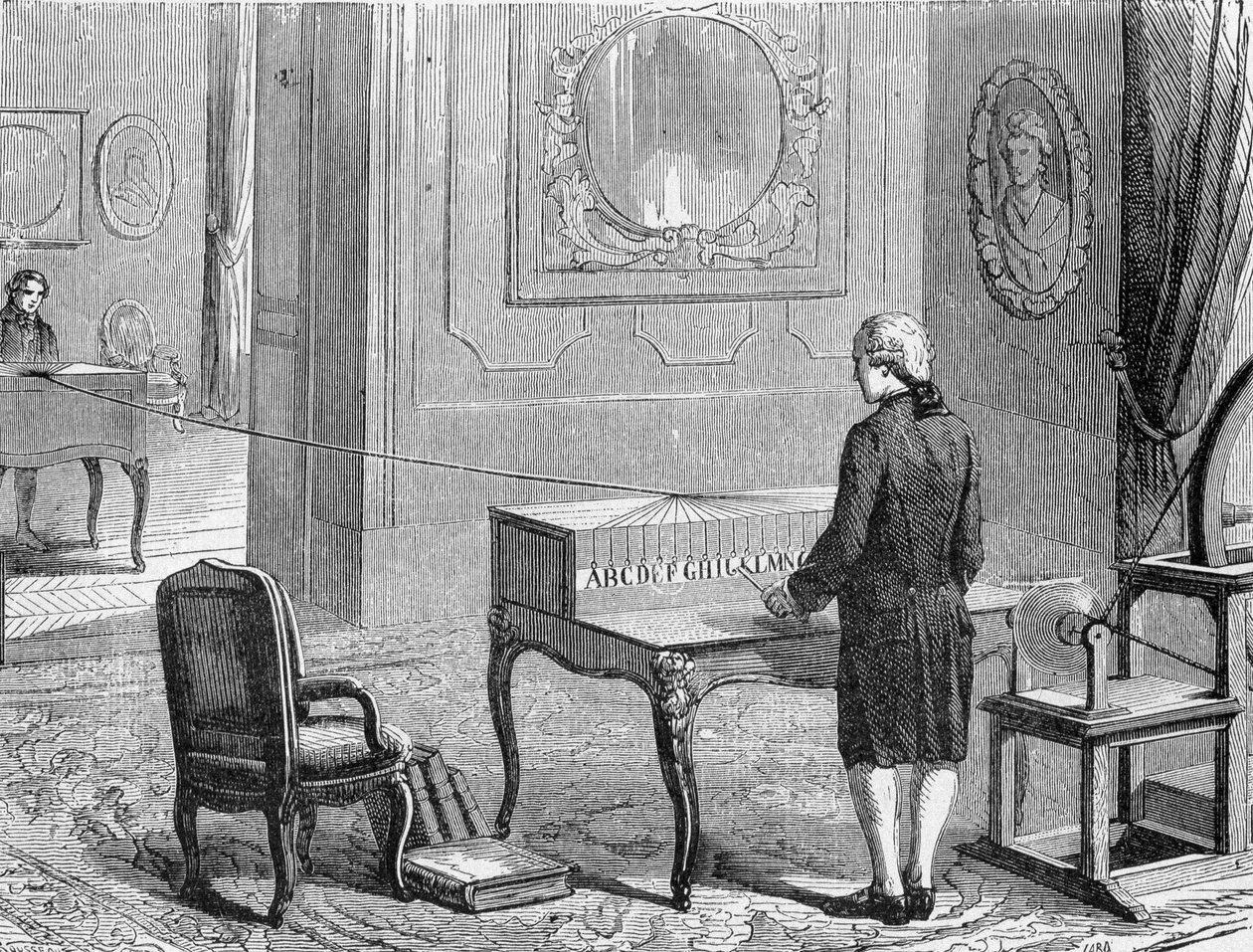 Georges Lesage, inventeur du premier télégraphe électrique devant un prototype. 1774. Gravure du 19ème siècle - Unknown artist