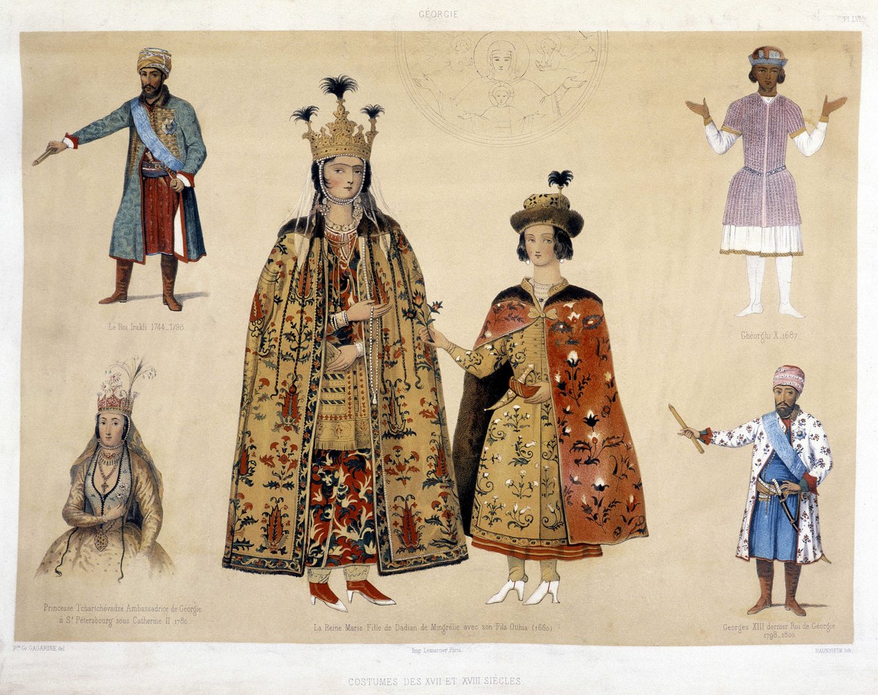 Planche de costumes géorgiens aux 16ème et 17ème siècles : Roi Irakli (1744 - 1798), Gheorghi X (1687), Princesse Chartchevadze (Ambassadeur de Géorgie à Saint-Pétersbourg sous Catherine II 1780), Reine Mary (fille de Dadian de Mingrélie avec son fils Otth - Unknown artist