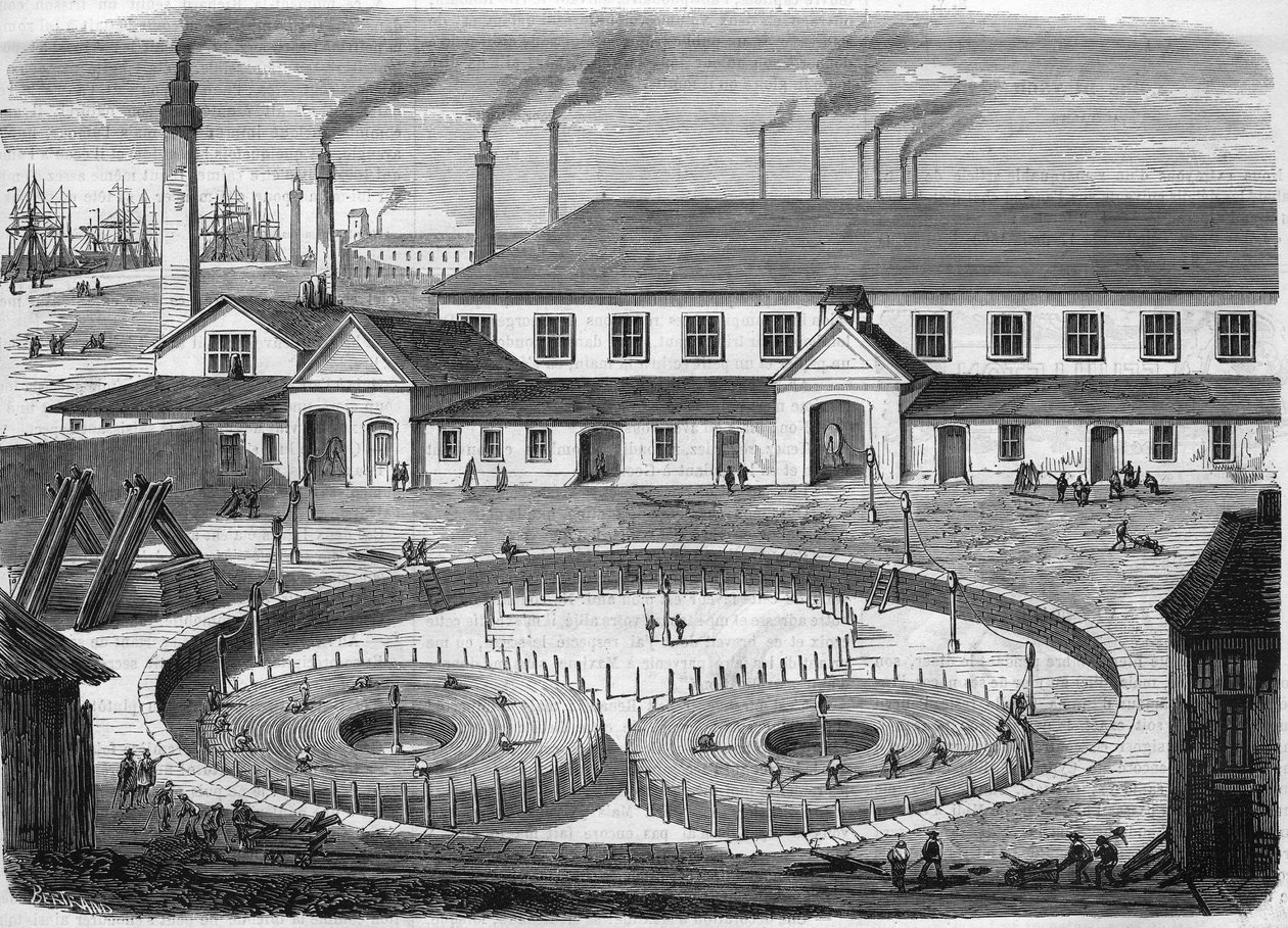 Usine de câbles électriques en verre Eiliot à Greenwich. Enroulement du câble dans les bassins avant le transport sur le navire « le Léviathan ». Gravure de 1865 - Unknown artist