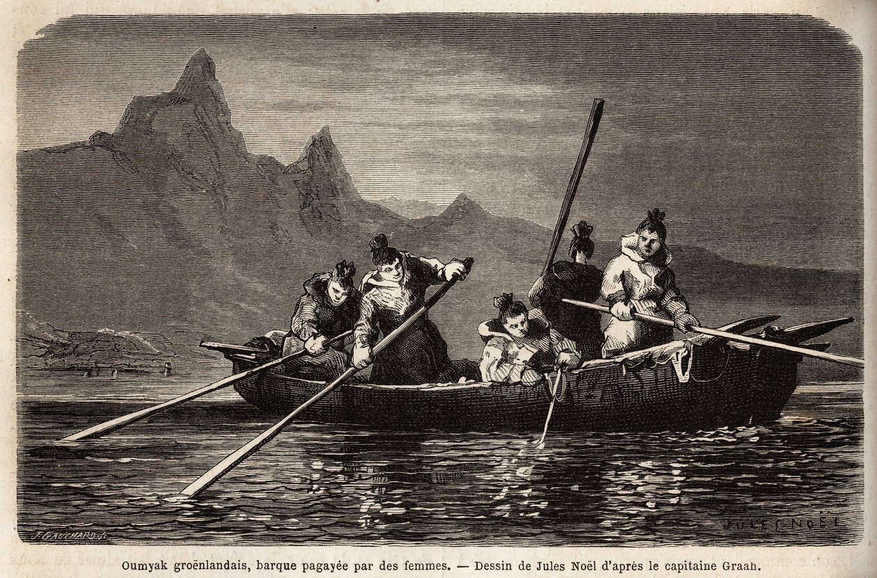 Umyak du Groenland, type de bateau manœuvré par des femmes. Gravure pour illustrer le voyage à la mer libre du pôle Arctique, par le docteur Hayes, chirurgien de la marine des États-Unis, en 1860-1862, publié dans « Le tour du monde, nouveau journal des vo - Unknown artist