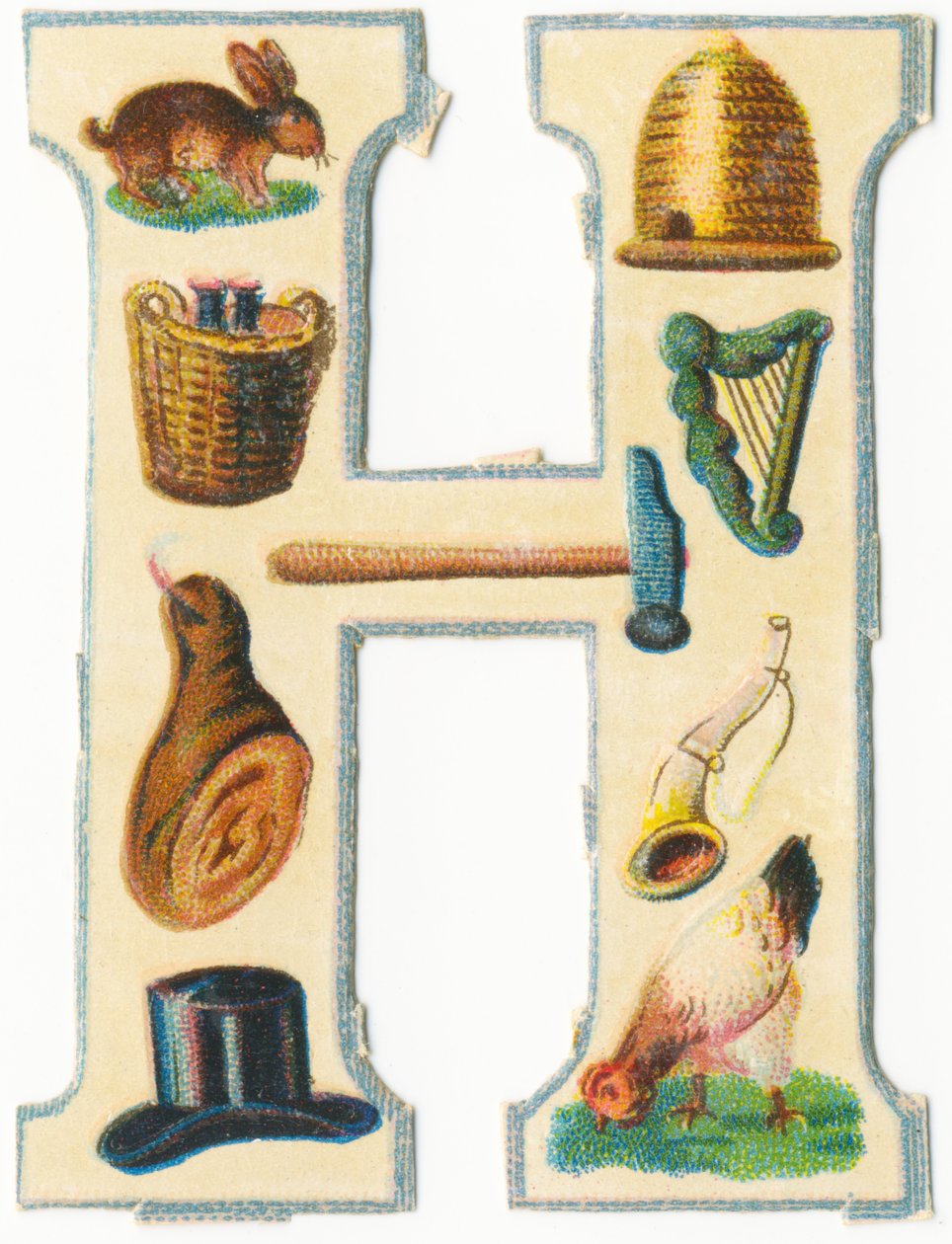 H: lièvre, ruche, panier de récolte, harpe, marteau, jambon, corne, chapeau, poule - Unknown artist