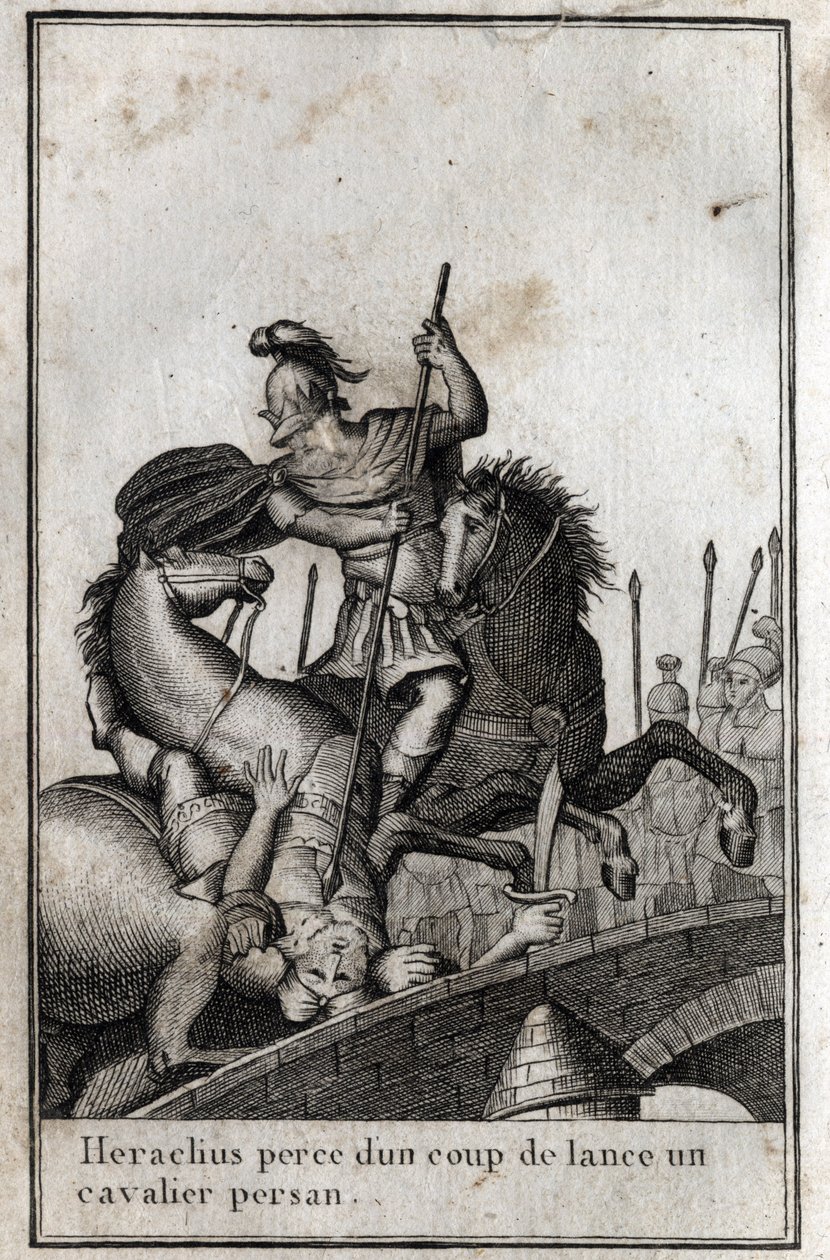 Héraclius I (Flavius Héraclius, Hérakleios (vers 575-610/641), empereur byzantin, transperce un cavalier perse (guerre contre les Perses), 7e siècle. Gravure dans « Beauté de l