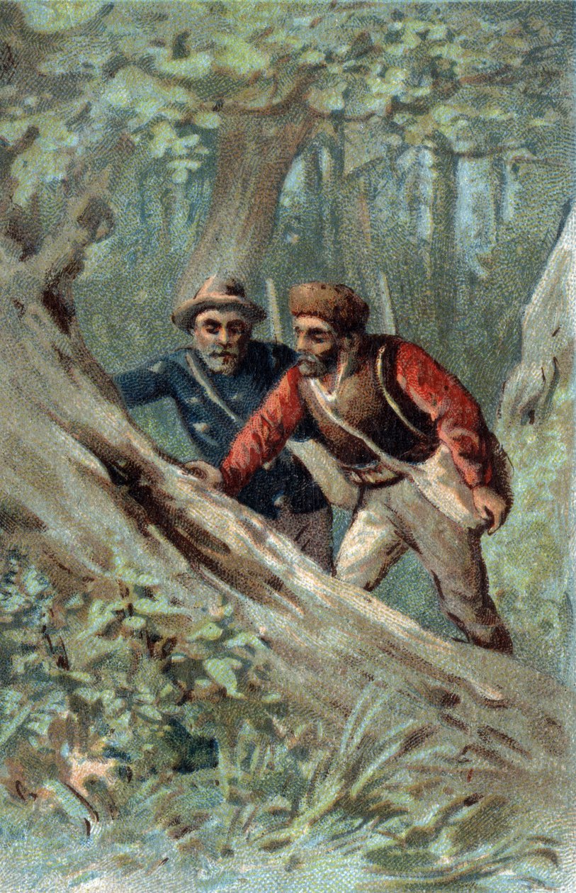 Chasseurs de miel au Canada cherchant un arbre à essaim. Chromolithographie de la fin du 19ème siècle. - Unknown artist