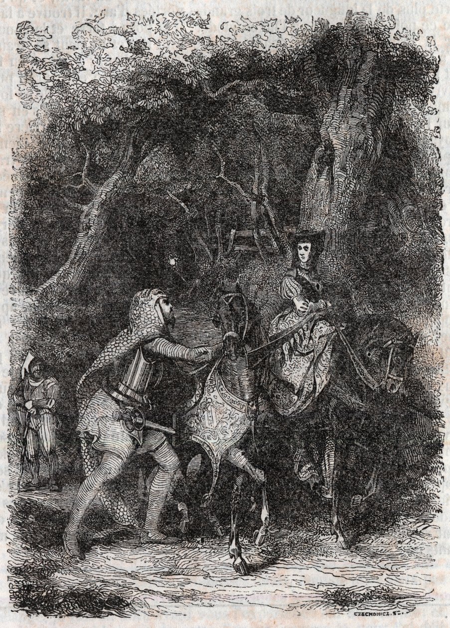 Hypalca arrêtée par Rodomont - gravure de 1851 de « Roland furieux » (Orlando furioso) (16e siècle) par Ludovico Ariosto, connu sous le nom d