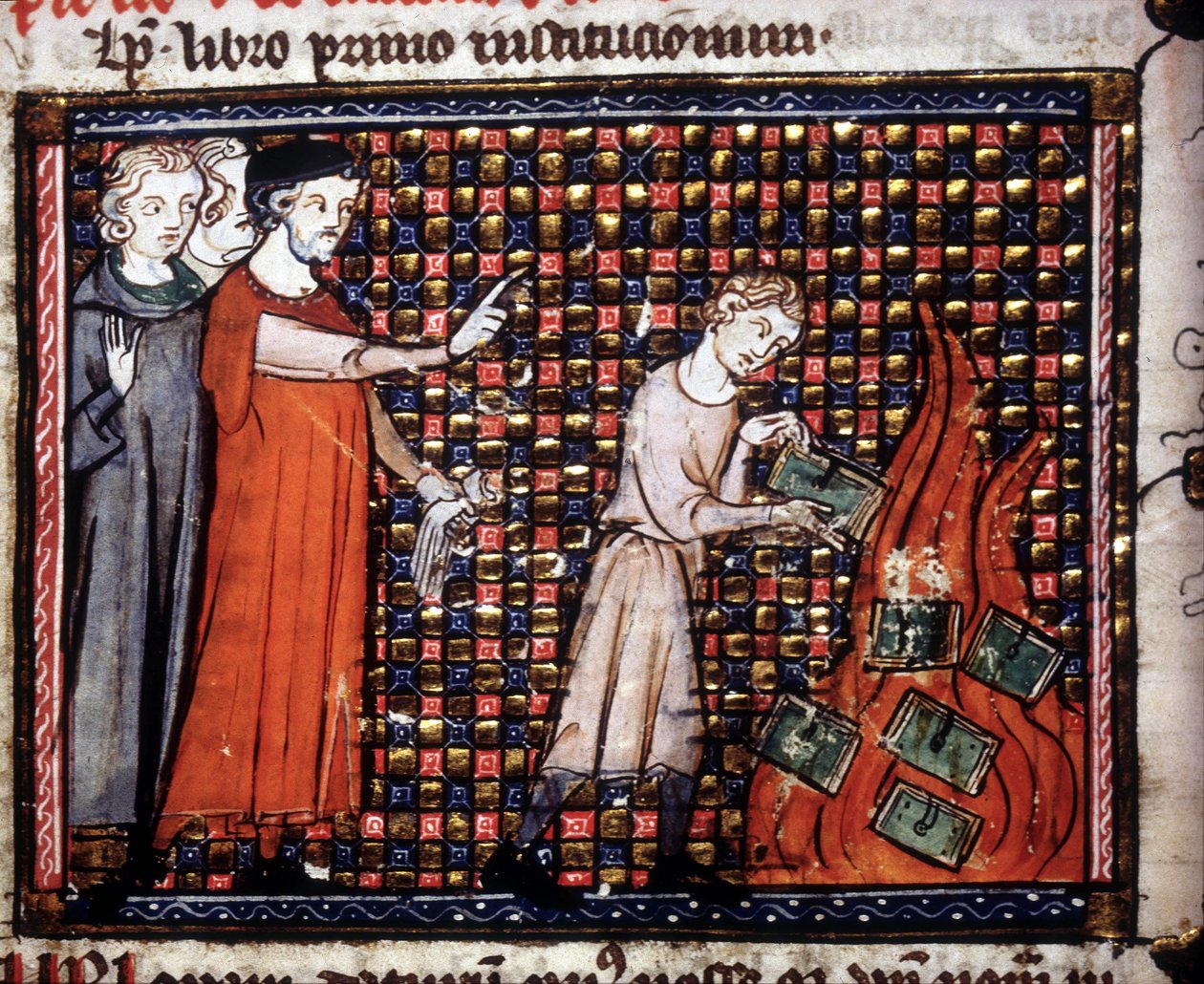 Iconoclastes jetant des manuscrits miniatures dans le feu. Manuscrit du XIVe siècle - Unknown artist