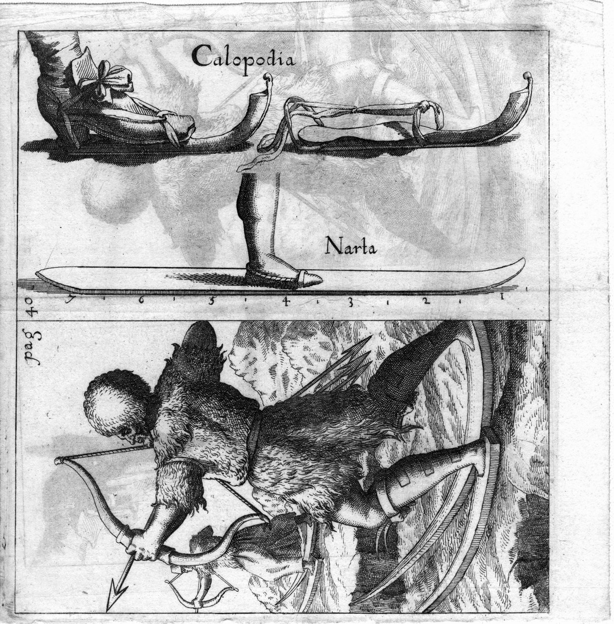 Planche illustrée représentant un ancien type de ski. Gravure de la fin du 17ème siècle - Unknown artist