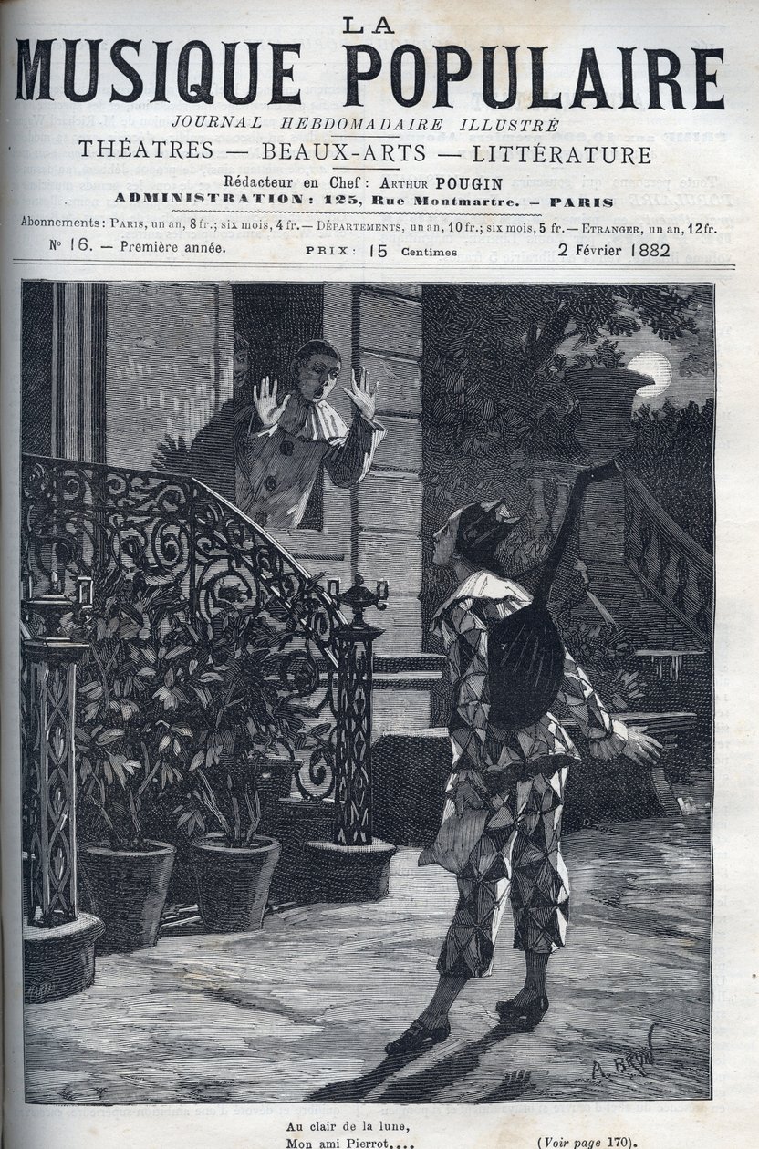 Au clair de lune, une représentation de la chanson populaire. Arlequin sur le balcon de Pierrot, au clair de lune. - Unknown artist
