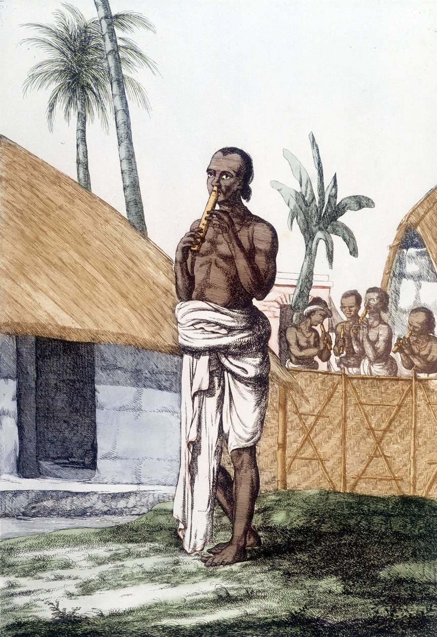 Culture et civilisation indiennes : musicien jouant de la flûte bansuri, instrument de musique traditionnel, Inde. Gravure 1808. - Unknown artist
