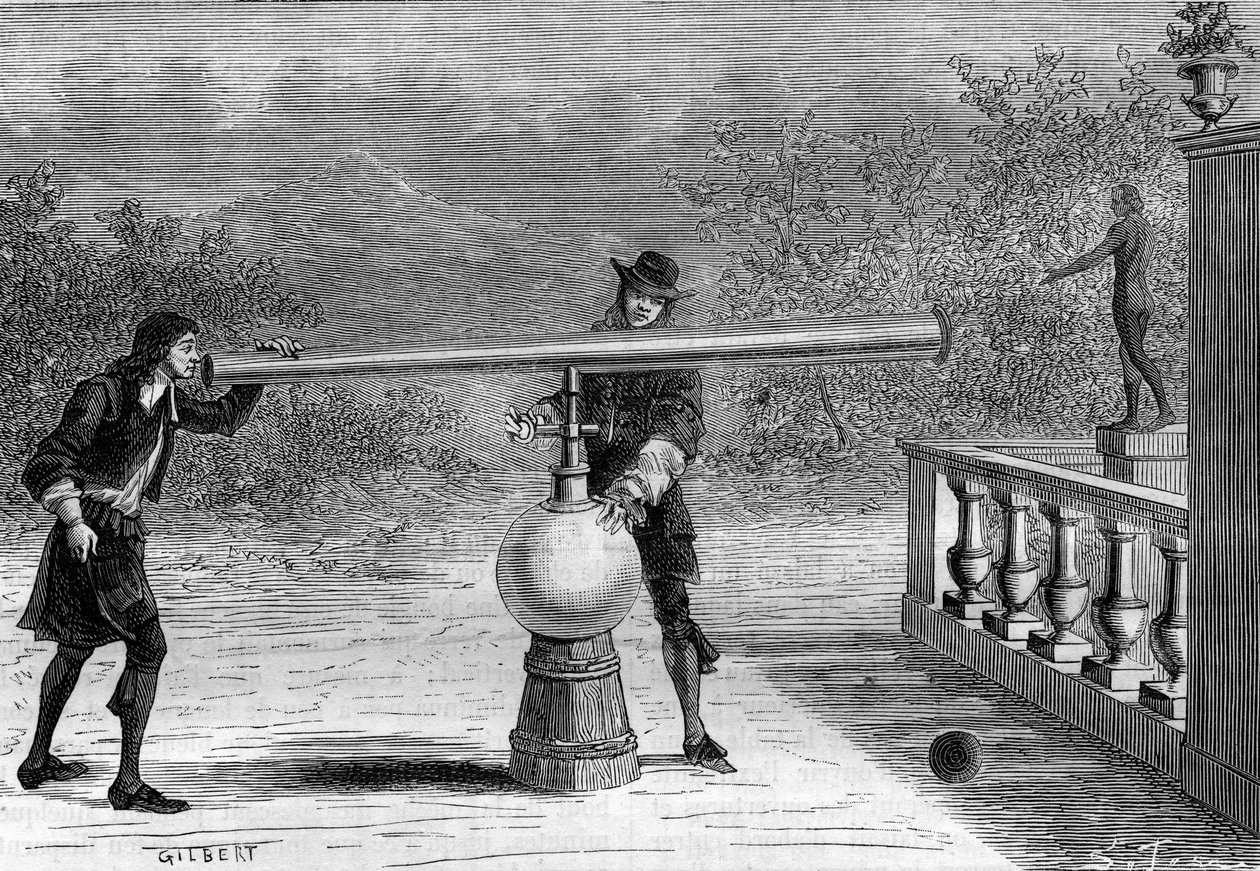 Invention : Sarbacane ou fusil pneumatique par Otto von Guericke (1602-1686), inventeur allemand. Gravure dans « La Nature » - Unknown artist