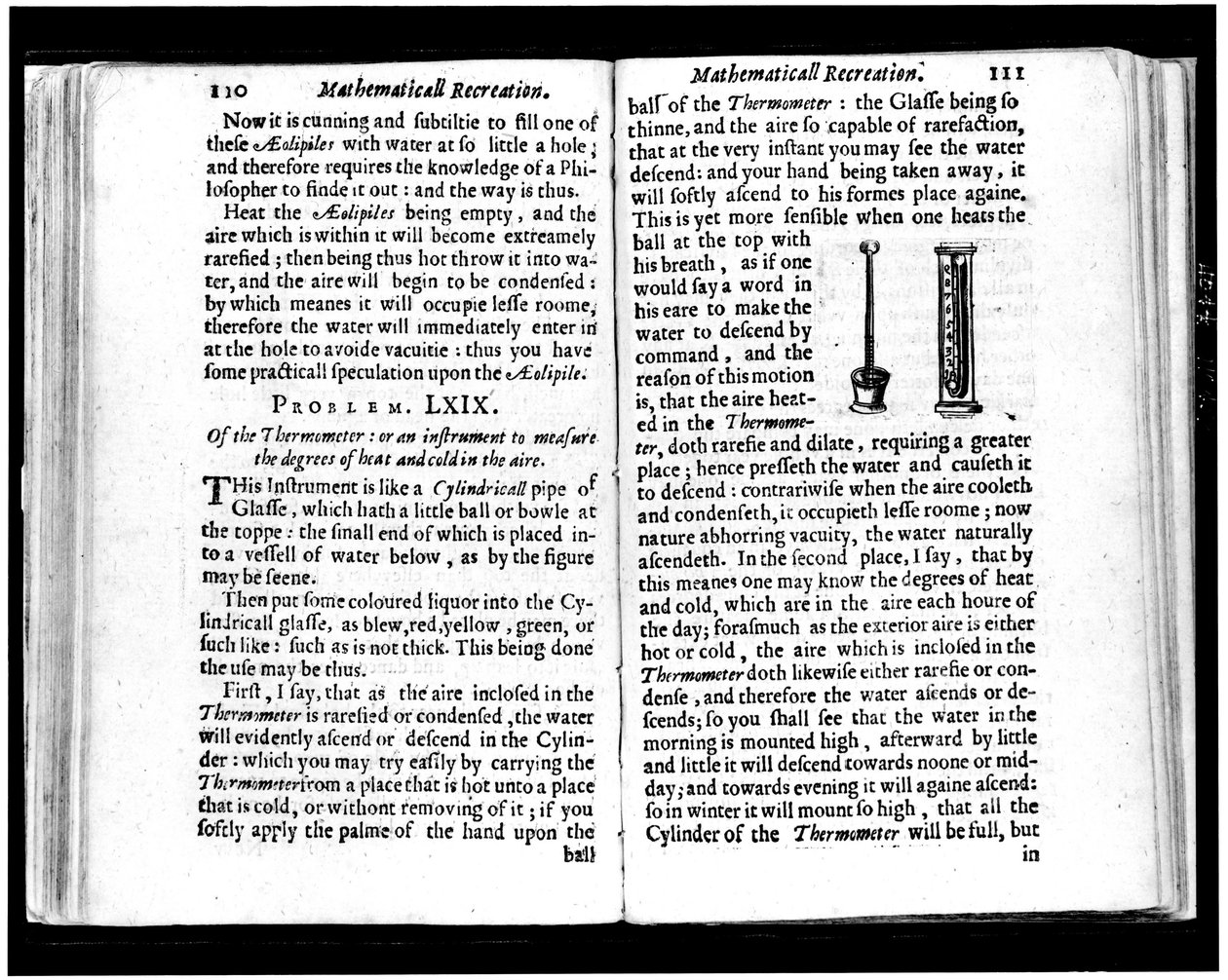 Thermomètres italiens et néerlandais. Pages de "Récréations mathématiques" par Jean Leurechon (1591-1670) 1653 - Unknown artist
