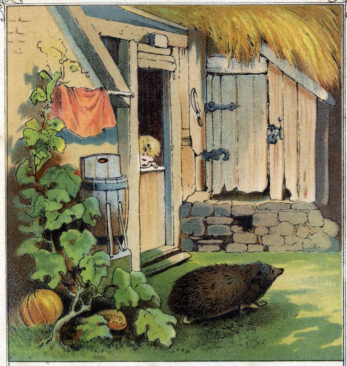 Jacques observe un hérisson traversant la cour de sa maison. Chromolithographie de « Scènes enfantines », éd. Guérin-Muller vers 1885 - Unknown artist