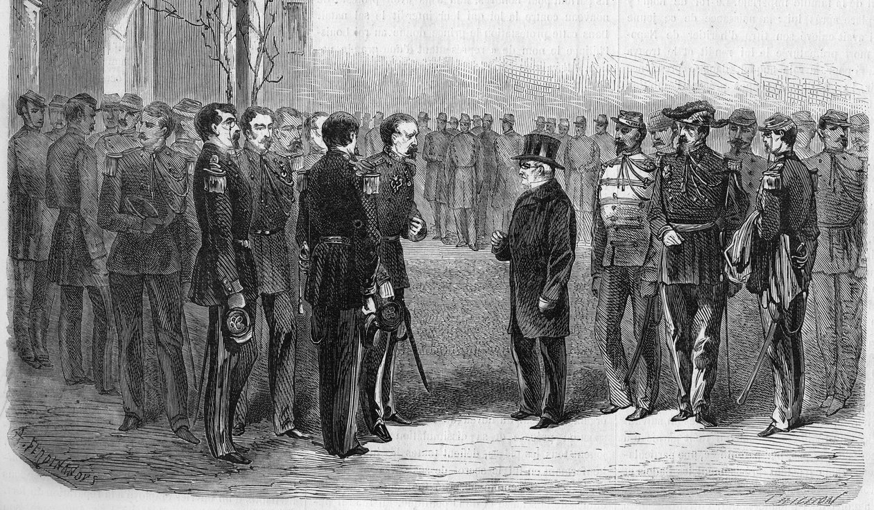 Janvier 1873 : Adolphe Thiers (1797-1877), homme politique français, président de la République accompagné du ministre de la Guerre et du général Hartung visite l