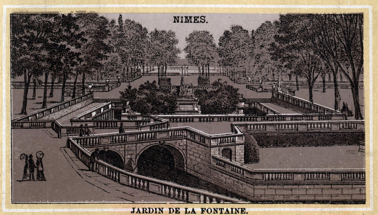 Jardin de la Fontaine à Nîmes (Gard, Languedoc-Roussillon). Chromolithographie de la fin du XIXe siècle - Unknown artist