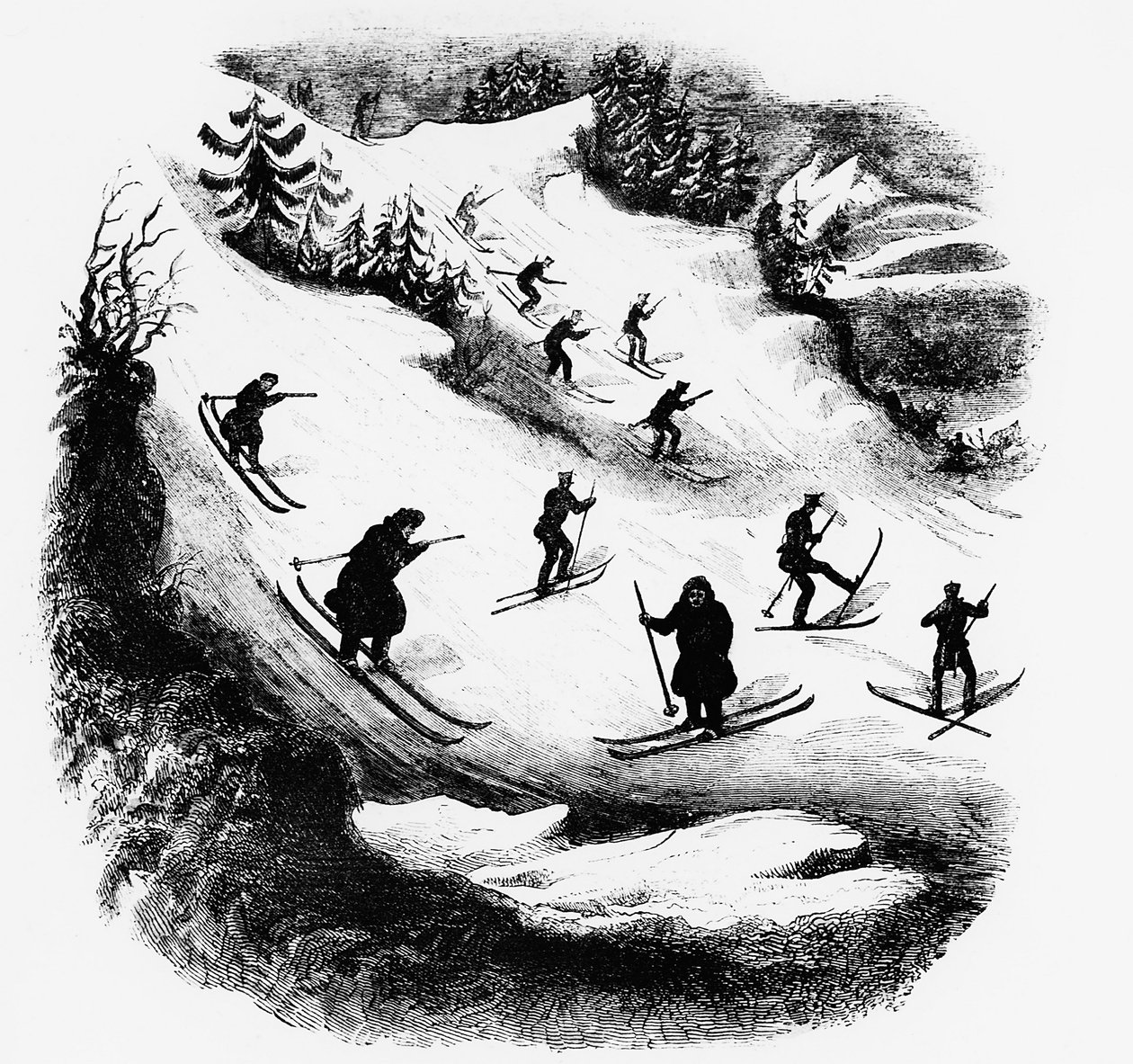 Jeux du Nord : skieurs descendant une piste - gravure, fin 19e siècle - Unknown artist