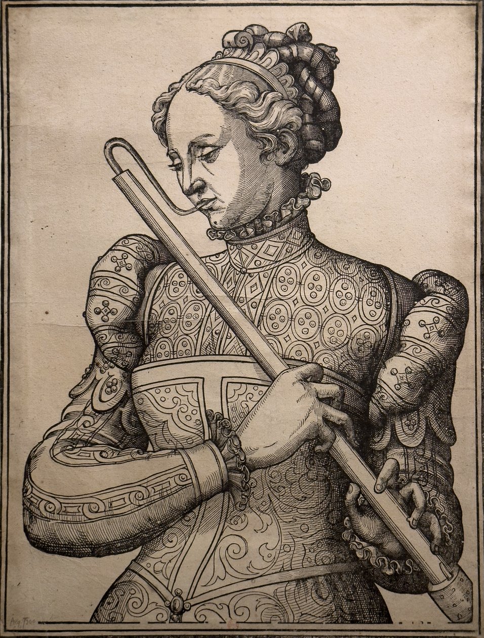 Joueuse de douçaine, circa 1560 (Wood engraving) - Unknown artist