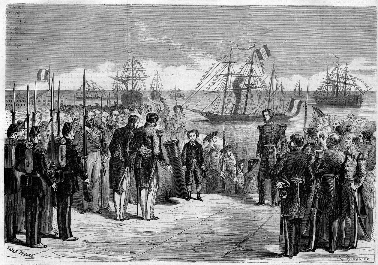 Voyage de Sa Majesté le Prince Impérial Napoléon Eugène Louis Jean Joseph Bonaparte (1856-1879), fils de Napoléon III, à Cherbourg, France : le prince à bord du yacht « Reine Hortense ». Gravure dans « L