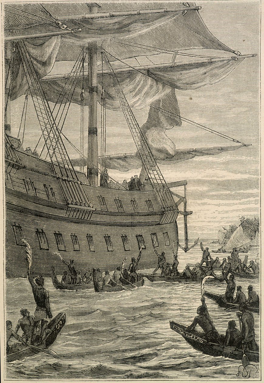 Voyage de Samuel Wallis (1728-1795) en Polynésie : indigènes tenant des branches de bananier en main comme salut de bienvenue - illustration de « Les grands marins du XVIIIe siècle » - Unknown artist