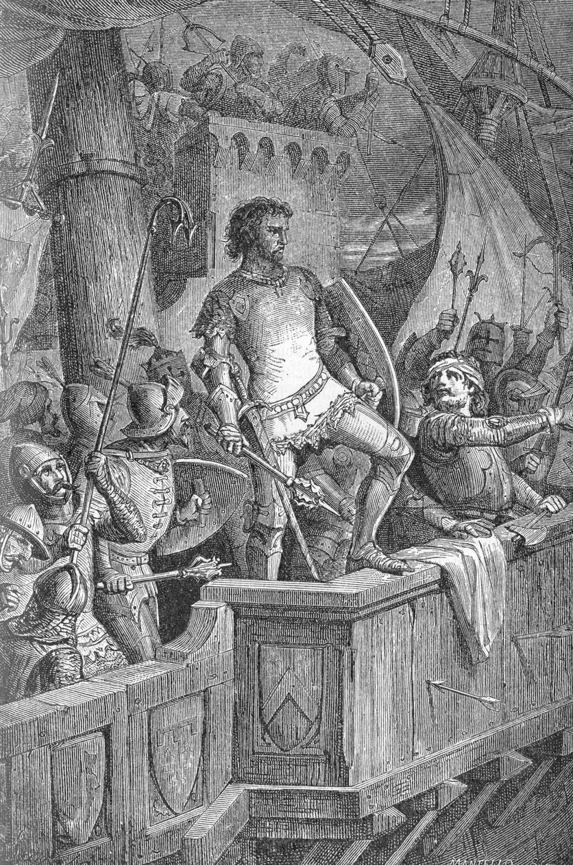 Knut le Grand (Canut I) (994 ou 995-1035) - Les hommes de Knut le Grand sur le pont de Londres, attaqués par Olaf II de Norvège - Gravure dans « Kaiser, König und Papst » par Richard Roth - Unknown artist