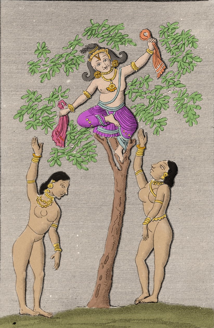 Krishna volant avec deux gopis. Gravure dans « Monuments anciens et modernes de l