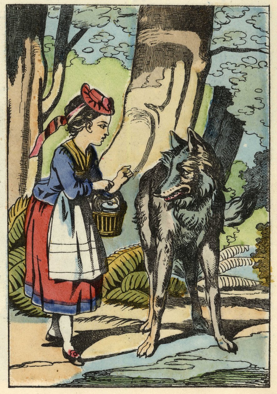 Le Petit Chaperon Rouge rencontre le loup dans la forêt. Illustration du conte « Le Petit Chaperon Rouge » de Charles Perrault - Unknown artist