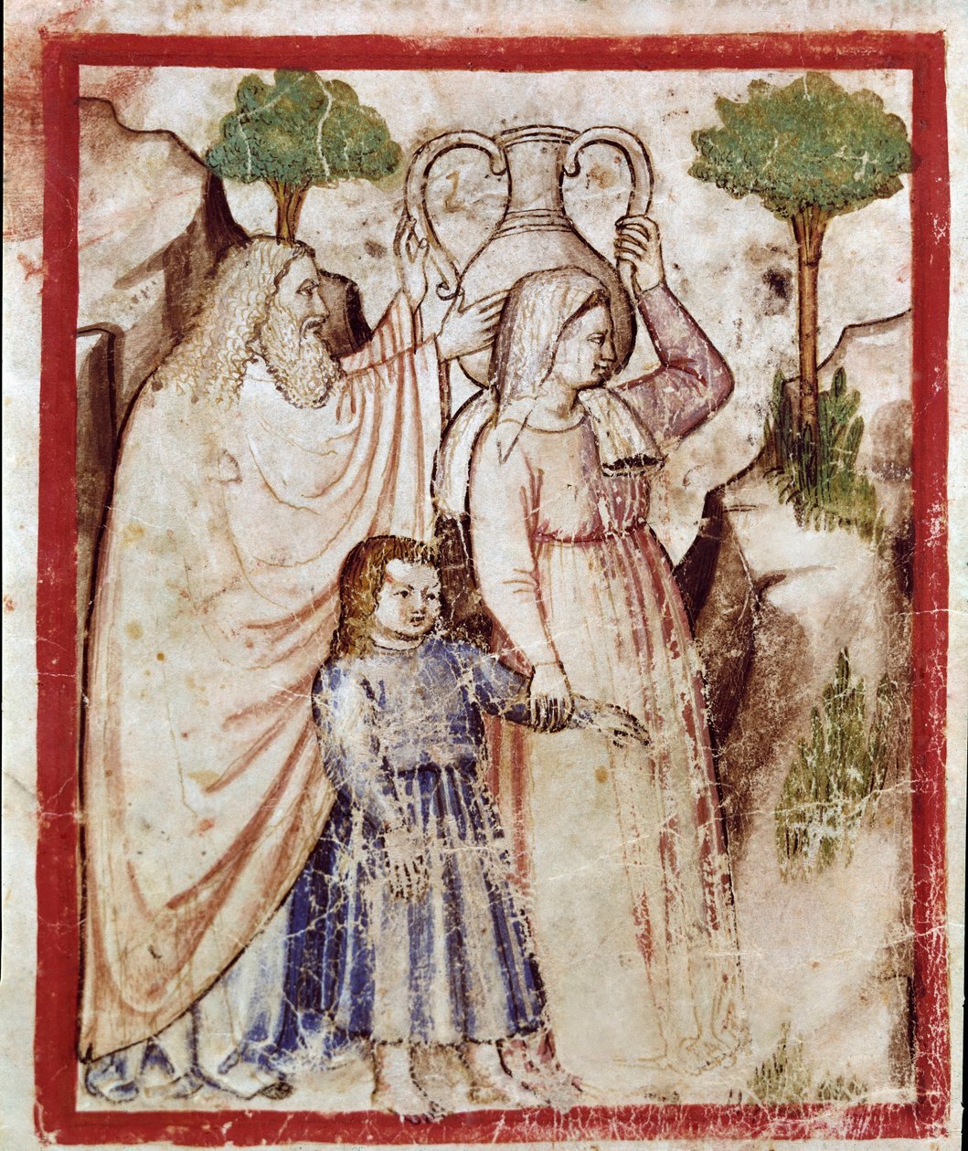 Loth va à la montagne avec ses filles pour échapper à la destruction de Sodome. Les filles enivreront leur père. Miniature du codex 212 (ou padovano codice ou Bible de Padoue) 1390-1400 Rovigo, Accademia dei Concordi - Unknown artist
