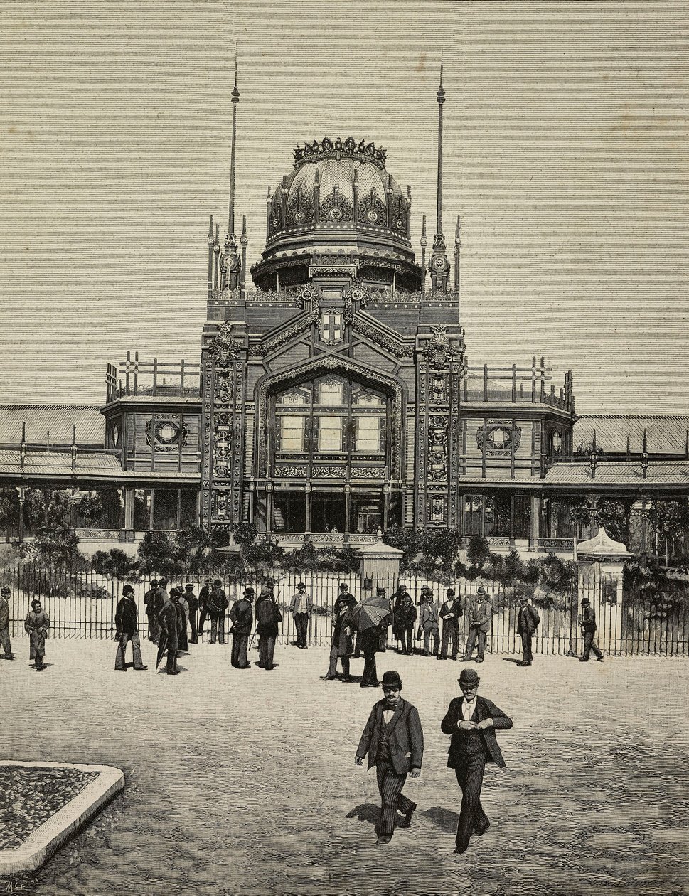 Façade principale de United Exhibitions, Milan, Italie, gravure d