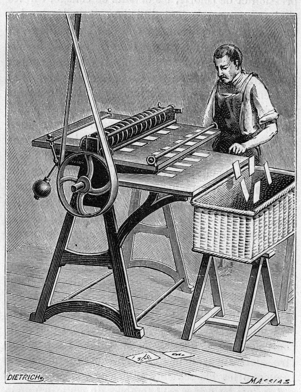 Fabrication de cartes à jouer par des méthodes anciennes. Découpage de cartes à jouer. Gravure de 1893 - Unknown artist