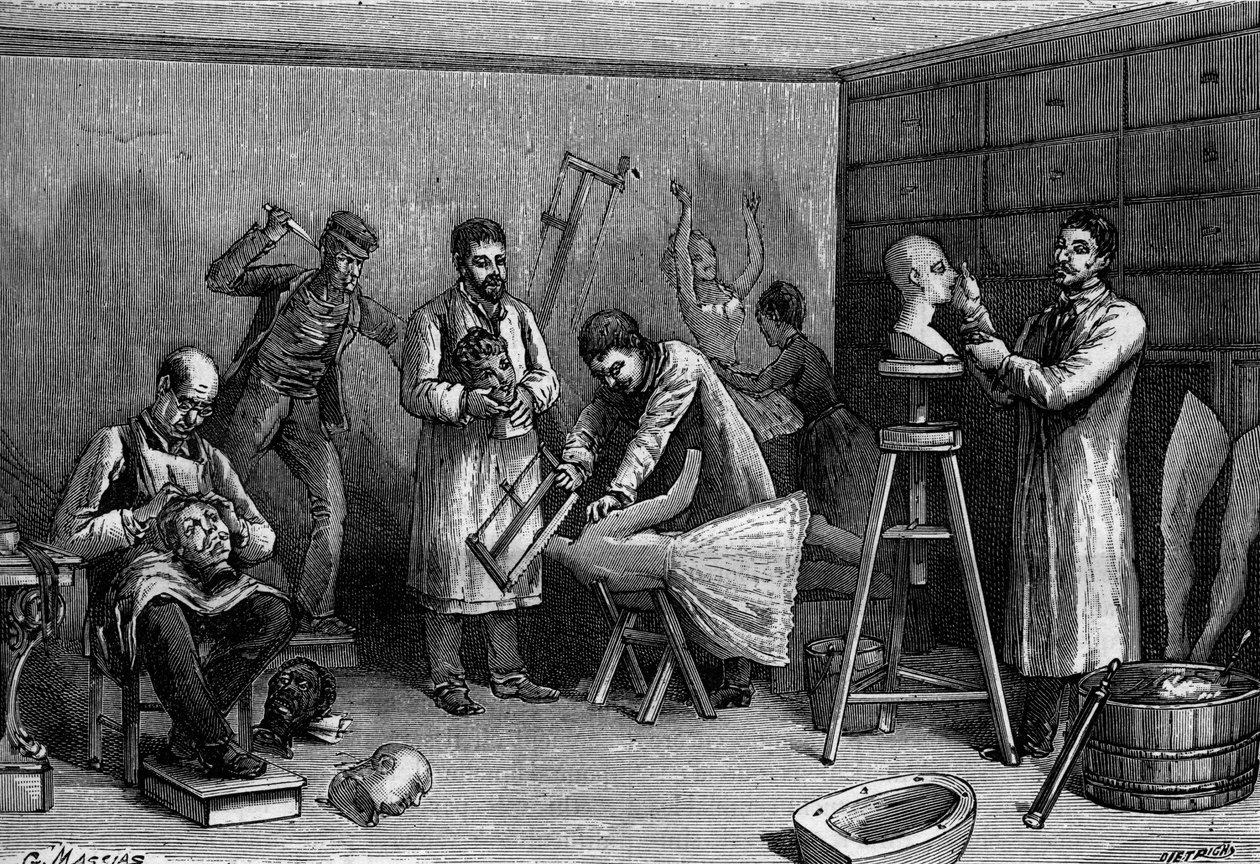 Fabrication de personnages en cire au Musée Grévin, à Paris. Gravure dans « La Nature : revue des sciences et de leurs applications aux arts et à l