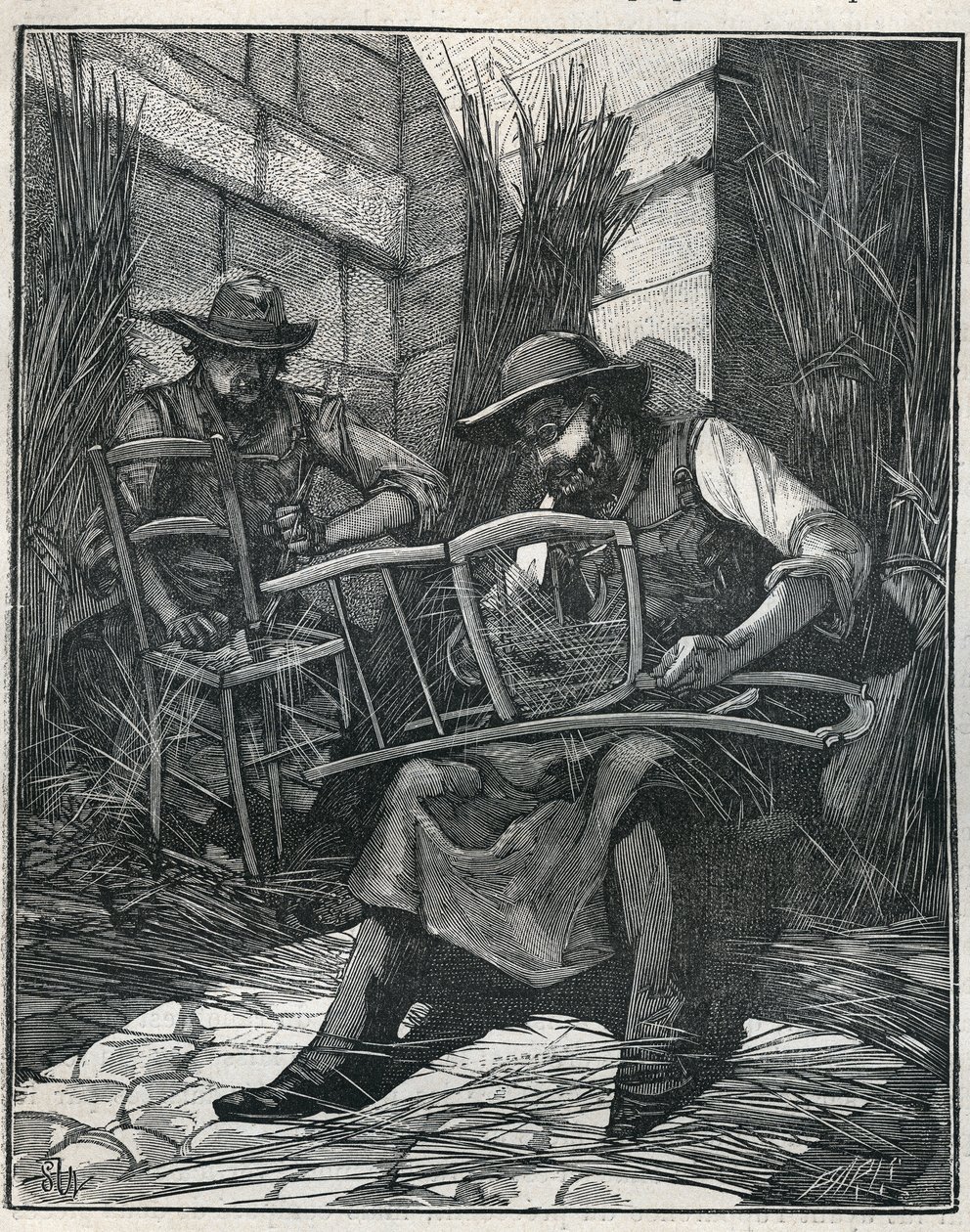 Fabrication de chaises : paillage et cannage de chaises. Gravure de 1885 dans « Les arts et métiers illustrés » par Adolphe Bitard. - Unknown artist