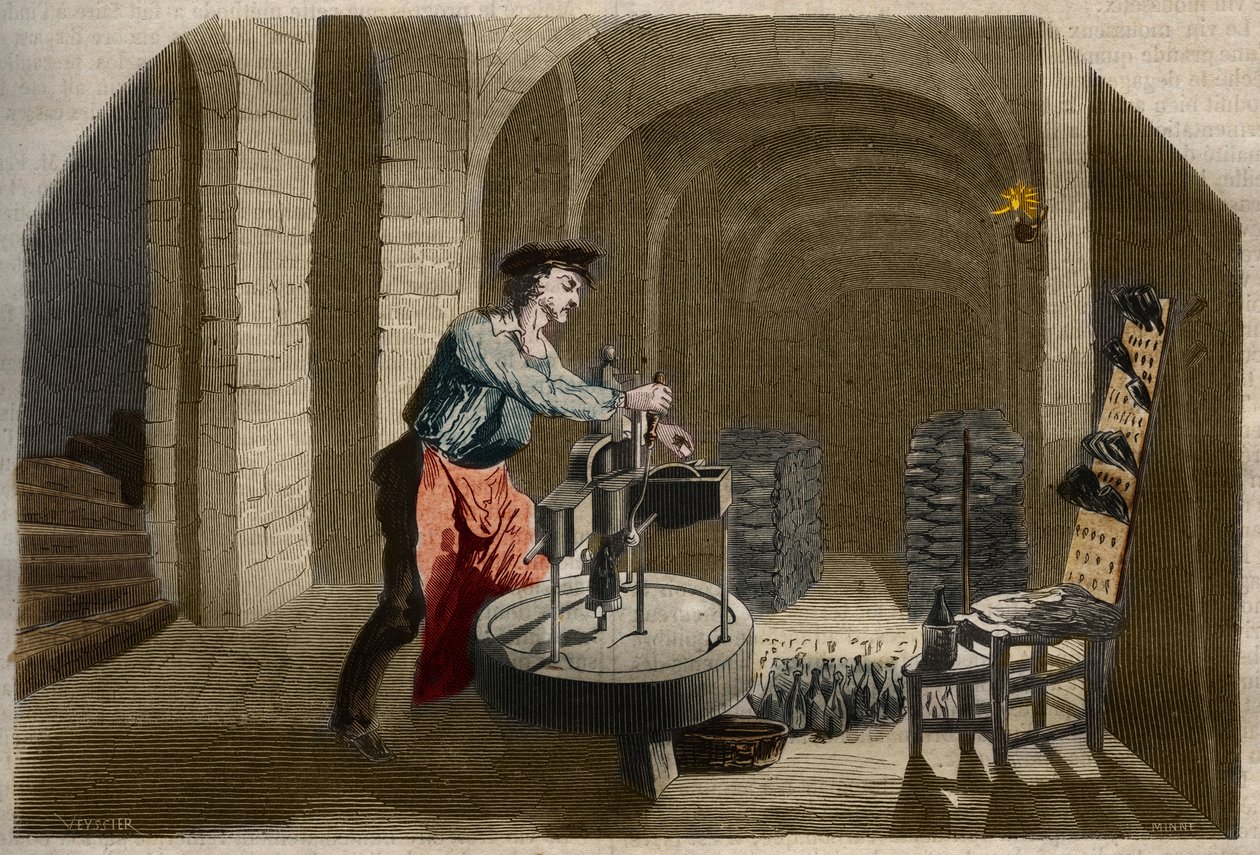 Fabrication du vin de Champagne pétillant : machine à embouteiller utilisée dans une cave. Gravure de 1858 dans « Le Musée Des Sciences » - Unknown artist