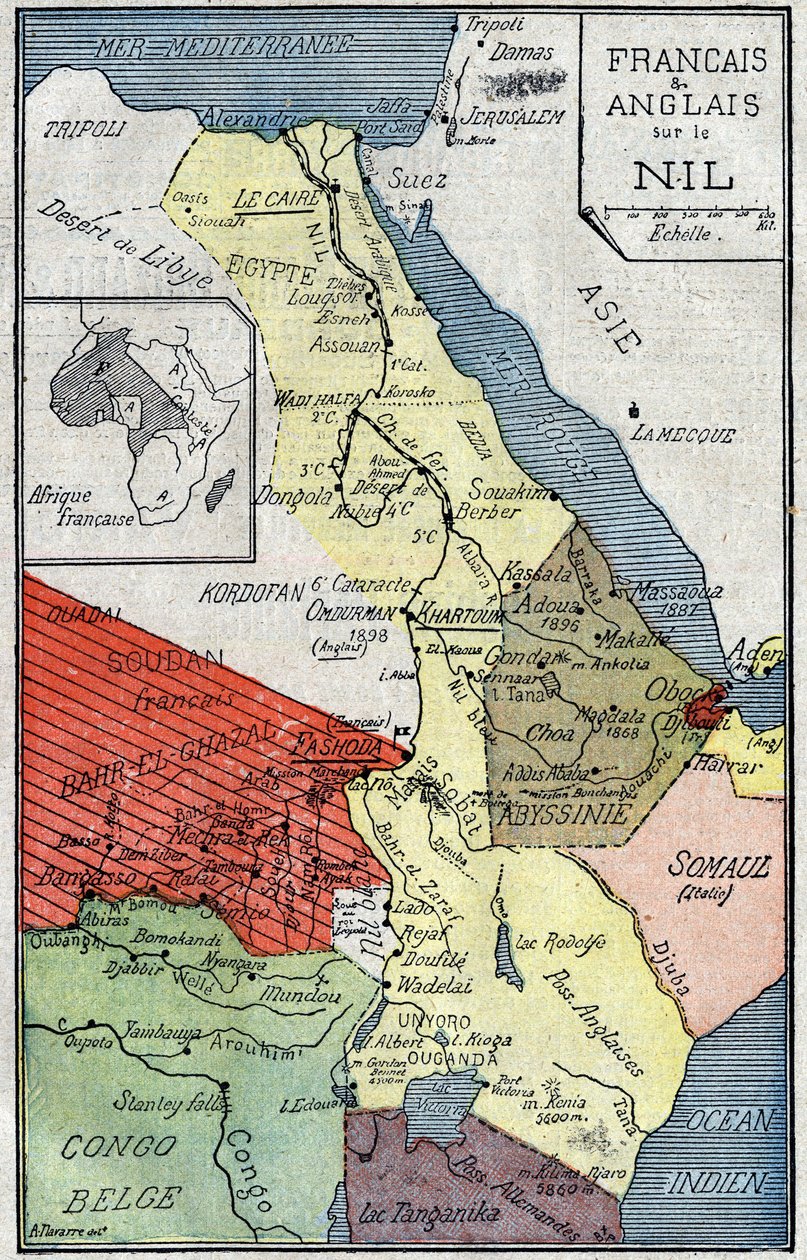 Carte des territoires africains colonisés par les Français et les Anglais le long du Nil. Illustration dans "Le Pèlerin" du 2 octobre - Unknown artist