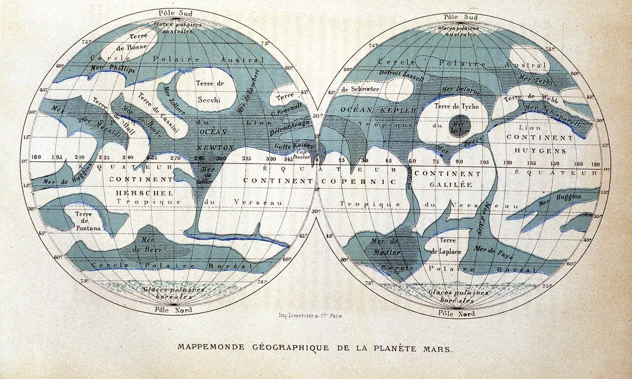 Carte de la planète Mars - dans « Astronomie populaire » par Camille Flammarion, éd. Marpon & Flammarion - Unknown artist