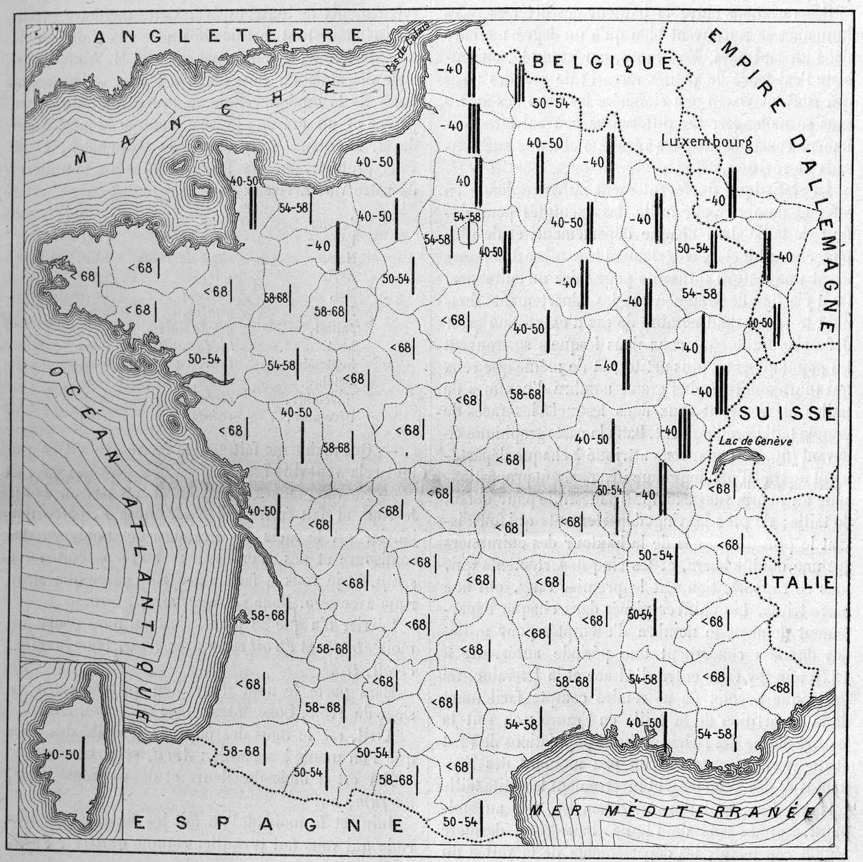 Carte de la répartition de la taille en France : la hauteur des barres est inversement proportionnelle pour chaque département au nombre de conscrits exemptés pour défauts de taille, sur 1000 examinés. Les chiffres donnent ce nombre pour 100. Les vingt dép - Unknown artist