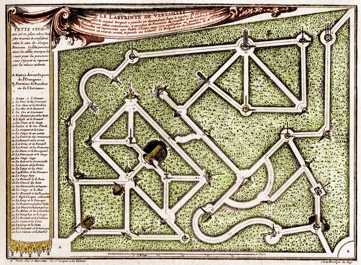 Carte du labyrinthe dans le parc du château de Versailles, créé par André Le Nôtre (1613-1700). Gravure dans "La Nature. Revue des sciences et de ses applications aux arts et à l