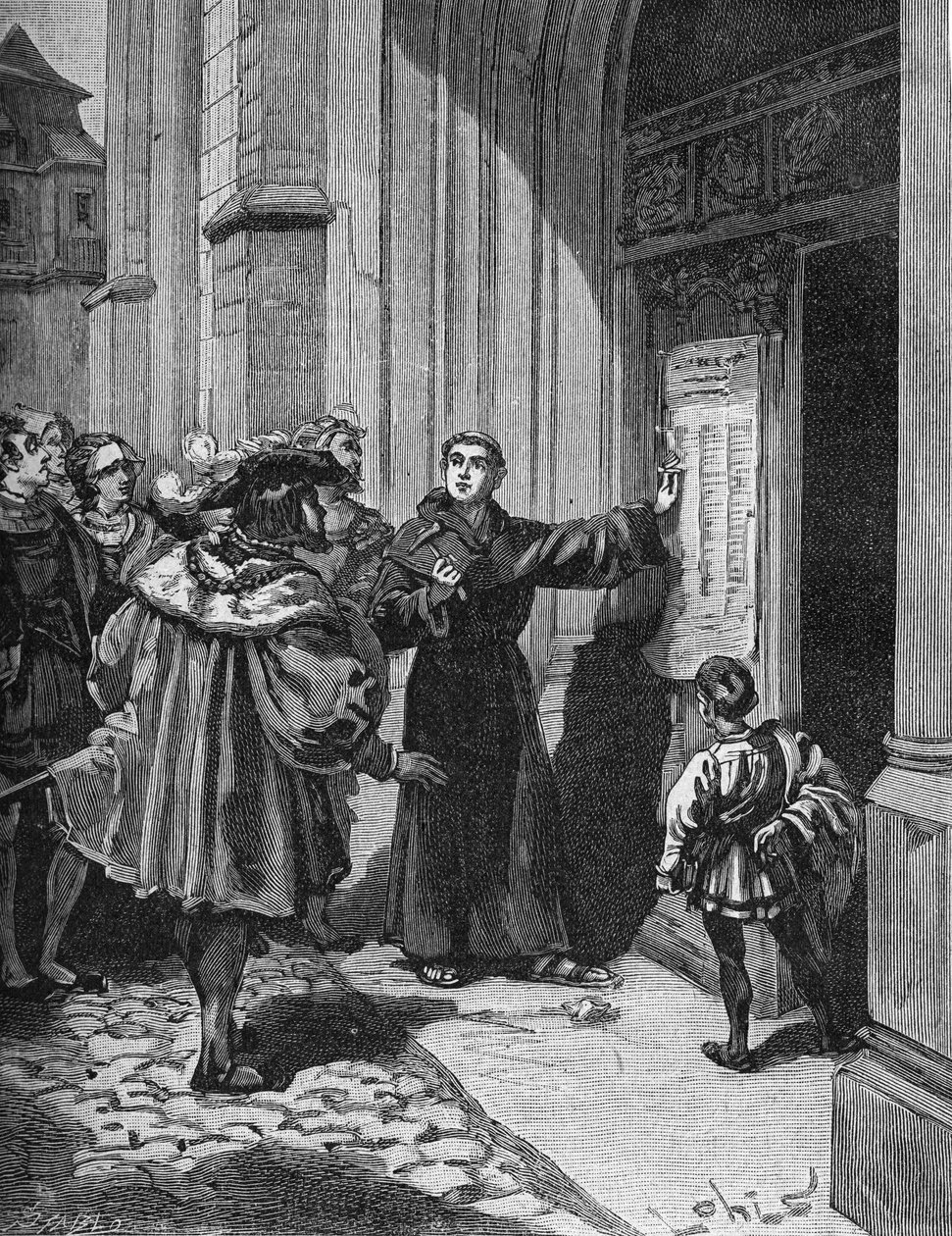 Martin Luther (1483-1546) accrochant ses 95 thèses à Wittenberg - Unknown artist