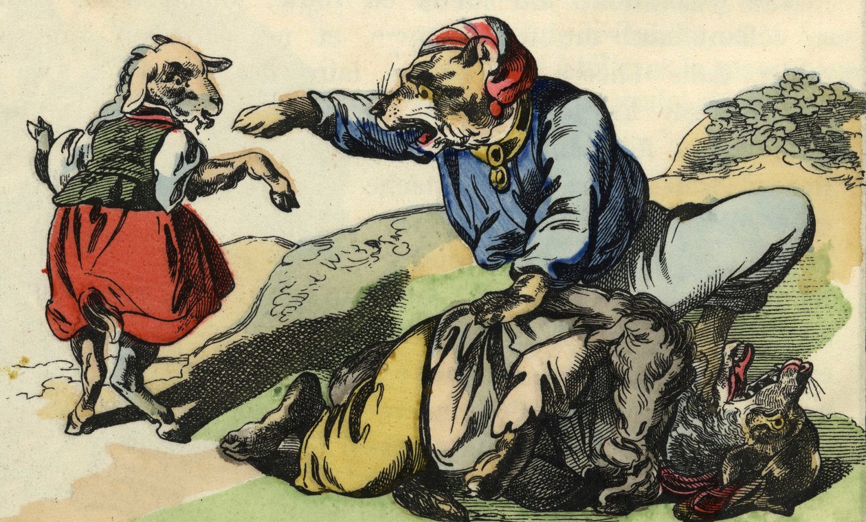 Médor sauve Petite Chevrette du loup. Illustration du conte "Bon Médor et Petite Chevrette". Dans "Contes de la maison pour les petits". Gravure anonyme du 19ème siècle - Unknown artist